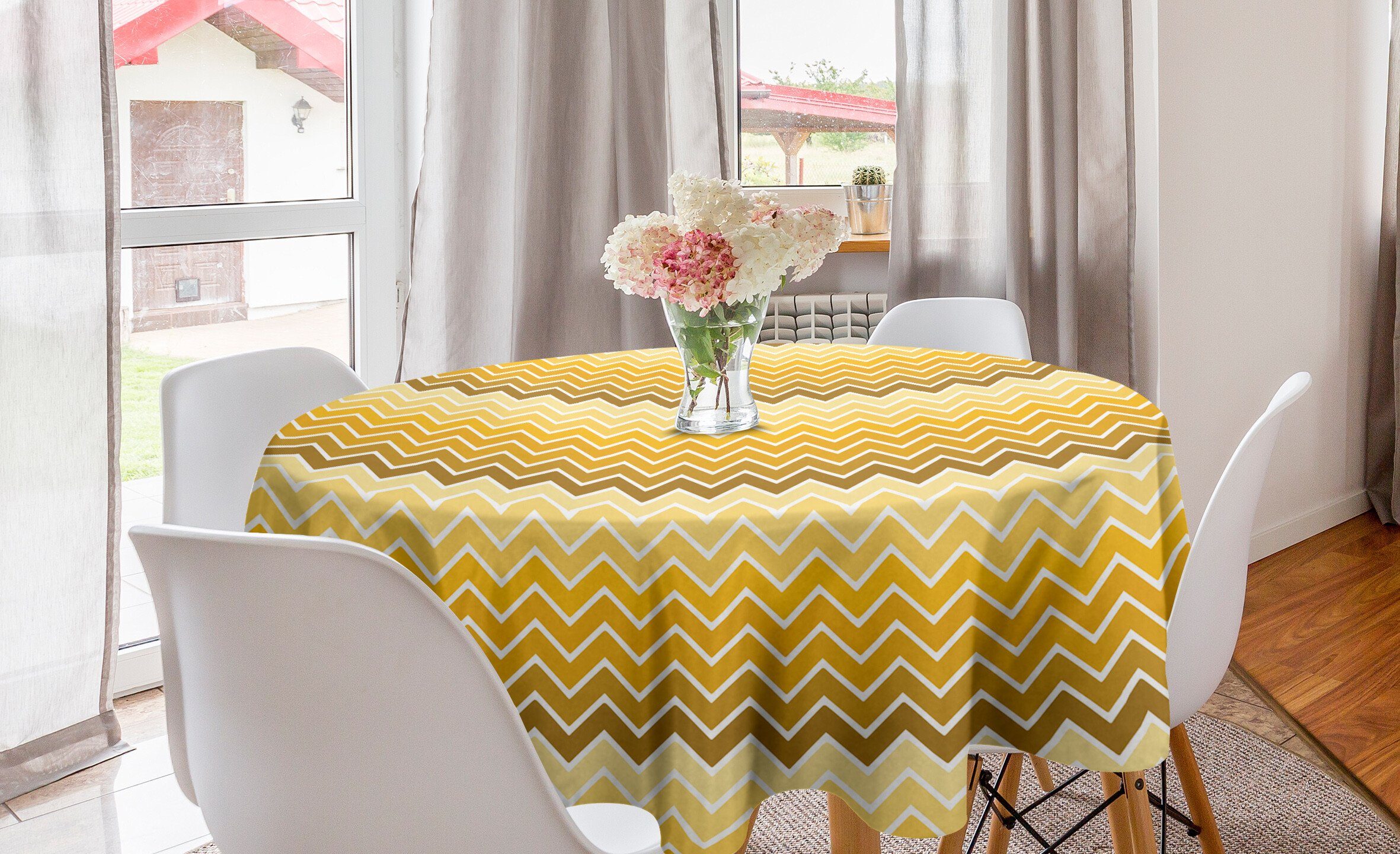 Abakuhaus Tischdecke Kreis Tischdecke Abdeckung für Esszimmer Küche Dekoration, Gelb Chevron Zigzag Ombre