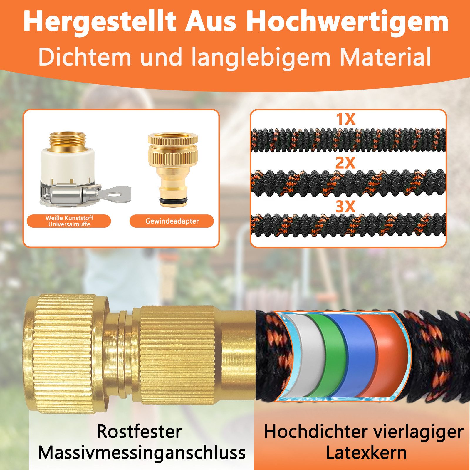 PFCTART Gartenschlauch Flexibler Gartenschlauch mit Sprühdüse, ausziehbar bis 22,5 m, Robuste 4-Lagen-Konstruktion, 8-fach Sprühdüse, Knickfrei & auslaufsicher, – Bild 5 von 5