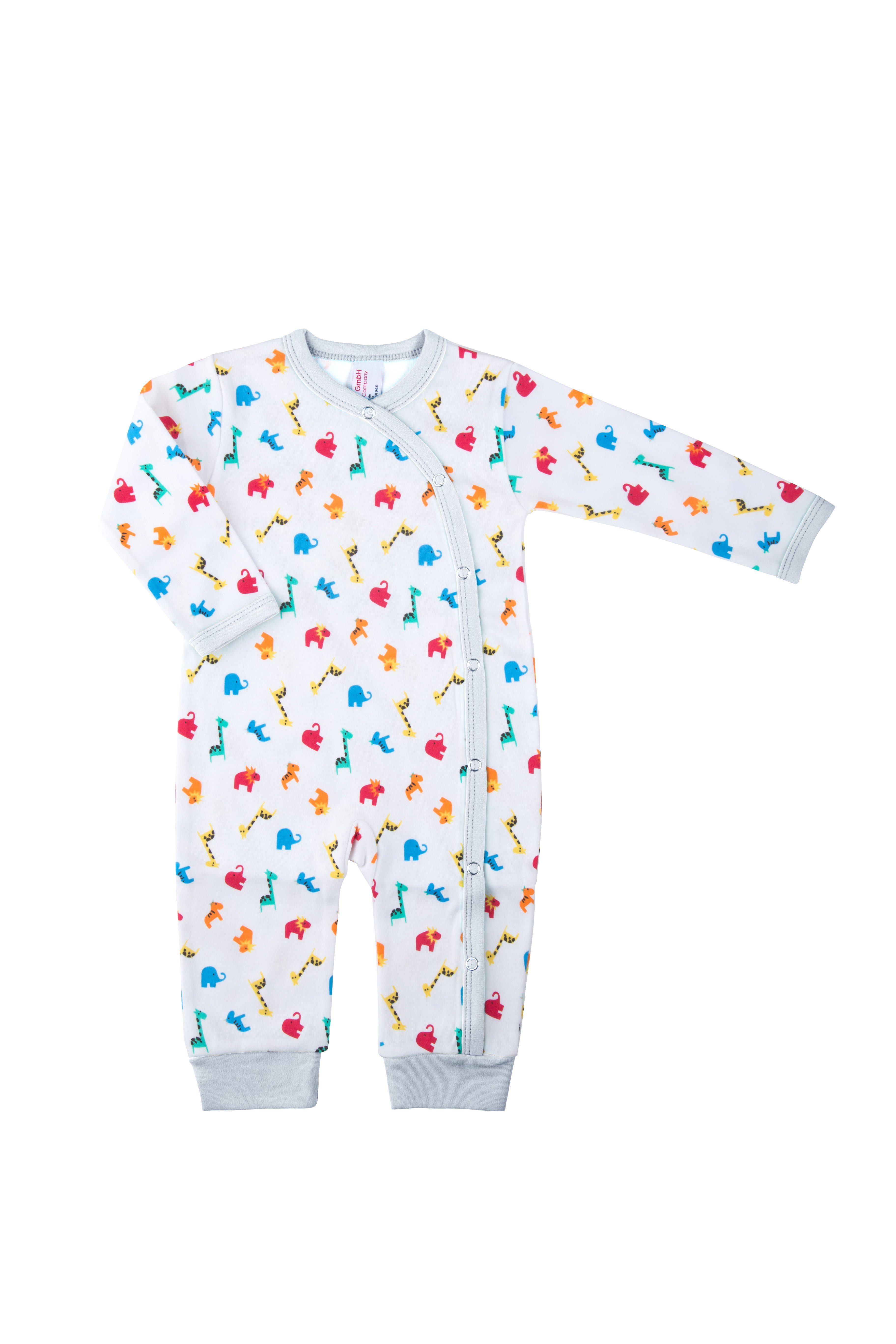 Baby Schlafanzug aus Zootiere, Druckknöpfe Jersey, Schlafoverall Weiß Clinotest