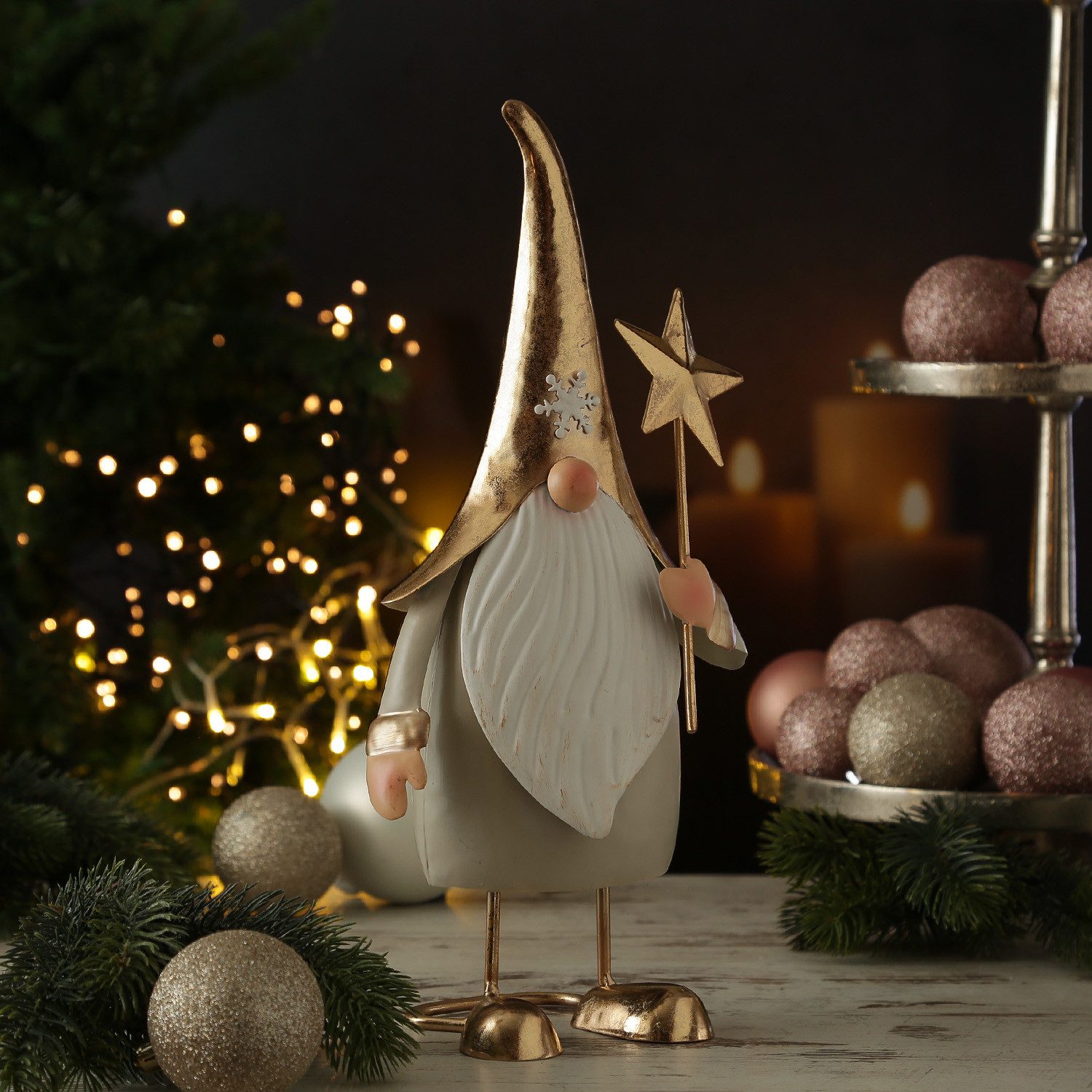 MARELIDA Weihnachtsfigur Weihnachtswichtel mit Stern Dekofigur aus Metall Zwerg Gnom 35cm