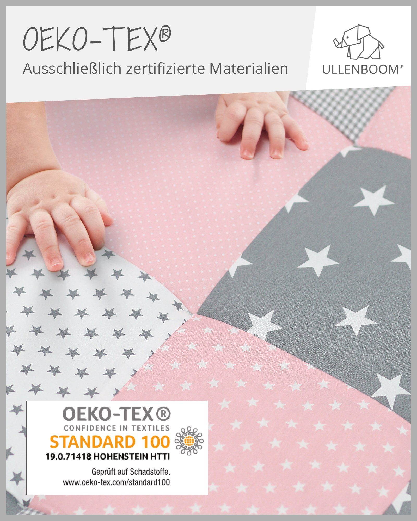 Krabbeldecke Baby Krabbeldecke 100x100 cm Rosa Grau (Made in EU),  ULLENBOOM ®, Dick gepolstert, Außenstoff 100% Baumwolle