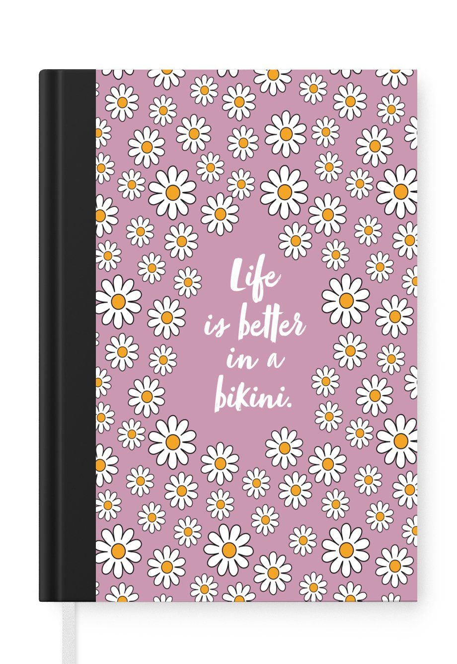 MuchoWow Notizbuch Zitat - Blumen - Rosa - Das Leben ist besser im Bikini, Journal, Merkzettel, Tagebuch, Notizheft, A5, 98 Seiten, Haushaltsbuch
