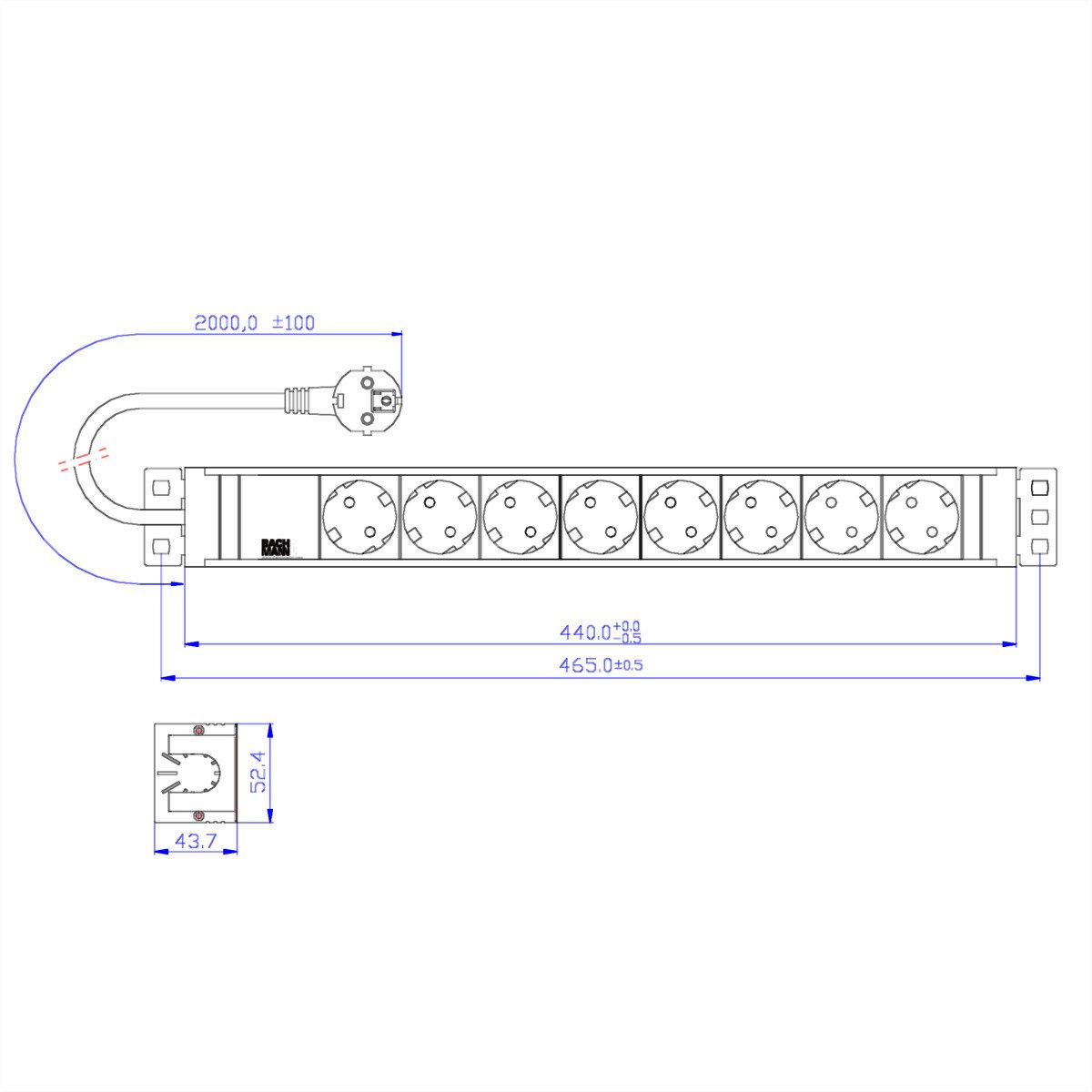 Bachmann 19'' PVC 8x Schutzkontakt-Steckdosenleiste Steckdosenleiste (Kabellänge 2 m), 2,0m Schutzkontaktstecker, 333.601