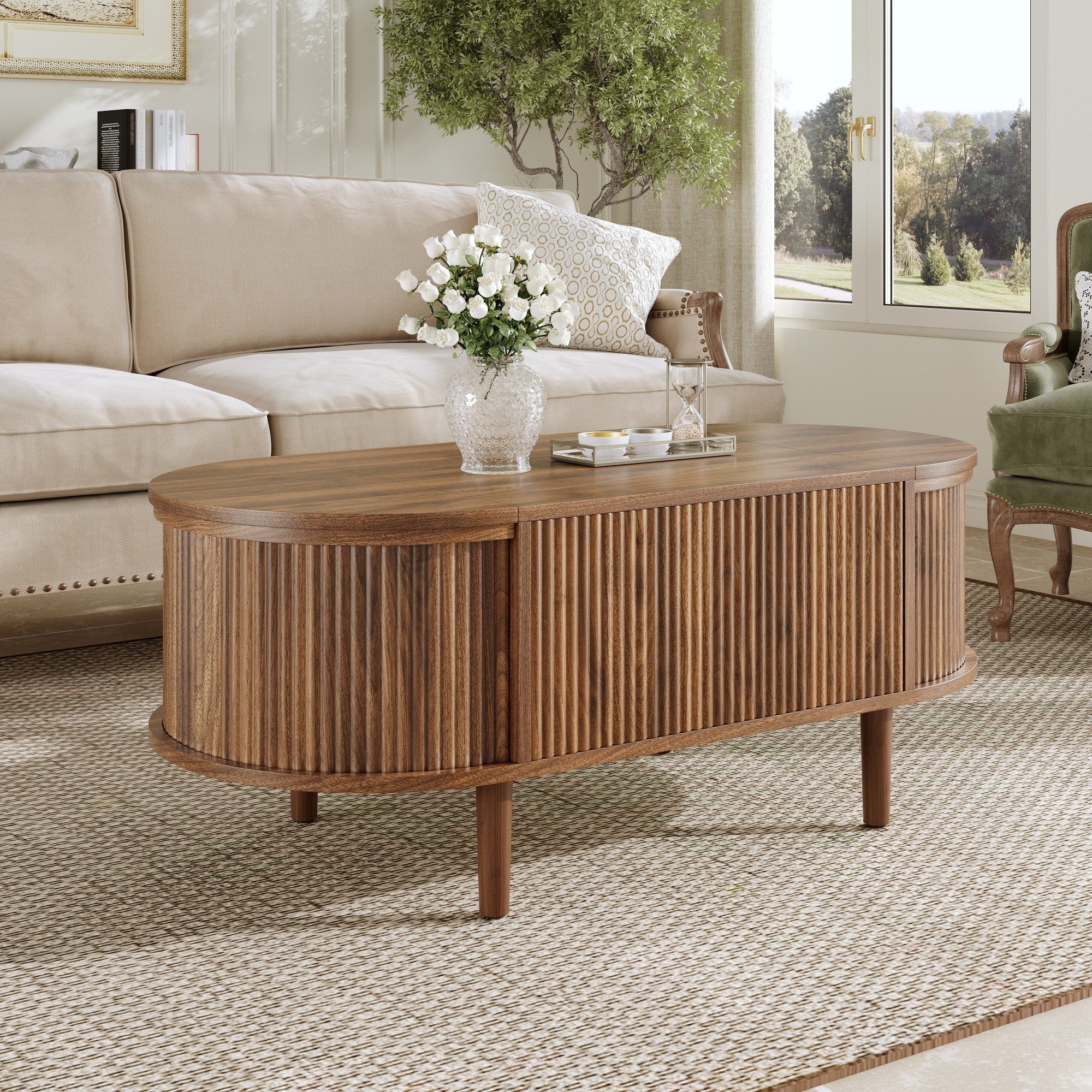 Merax Couchtisch verstellbarer Beistelltisch Ovaler Wohnzimmertisch im Vintage-Stil (100 × 48 × 53,5 cm, 1-St), Sofatisch mit höhenverstellbarer Tischplatte & v – Bild 4 von 5