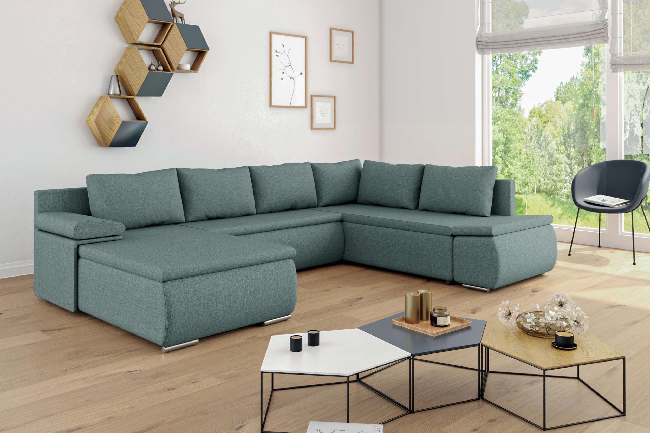 Stylefy Wohnlandschaft Nessi, Sofa, U-Form, mane links oder rechts bestellbar, mit Bettfunktion und Bettkasten, frei im Raum stellbar, Modern Design, mit Wellenfederung | Wohnlandschaften