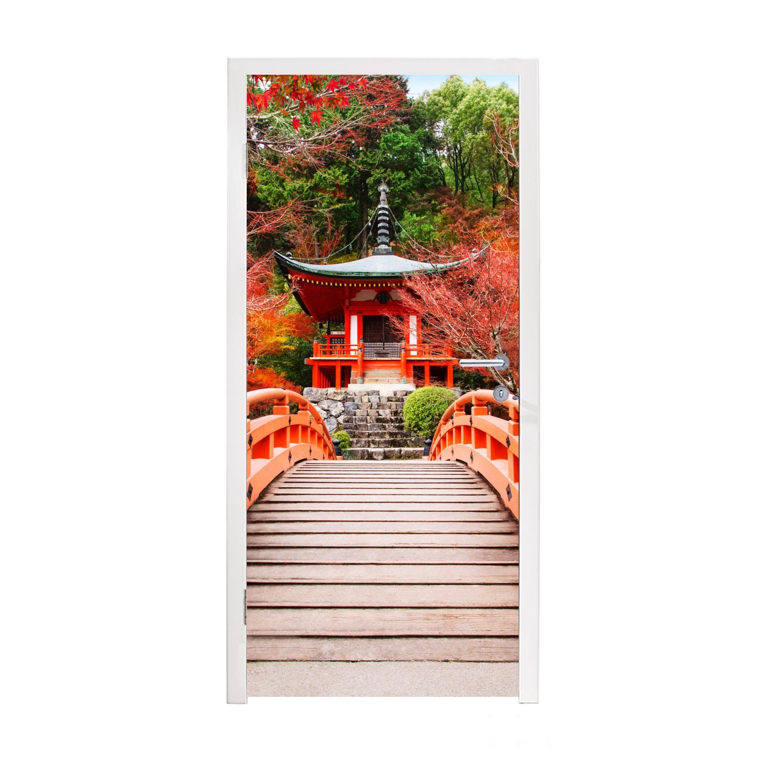 MuchoWow Türtapete Brücke - Pagode - Japanisch - Rot - Natur, Matt, bedruckt, (1 St), Fototapete für Tür, Türaufkleber, 75x205 cm