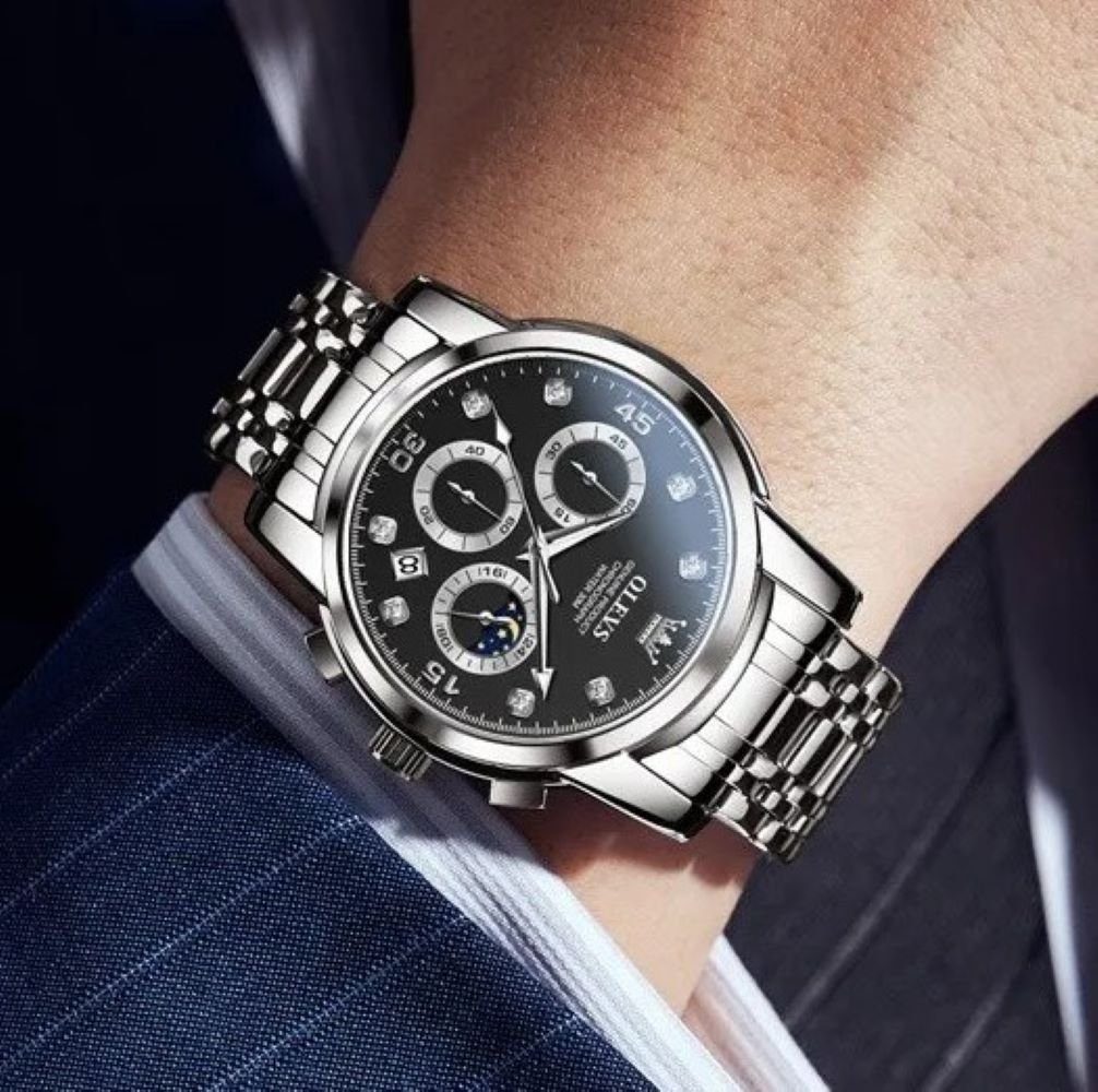 Tidy Quarzuhr Herrenuhr Silber/Schwarz Chronograph Sportlich Edelstahl günstig online kaufen