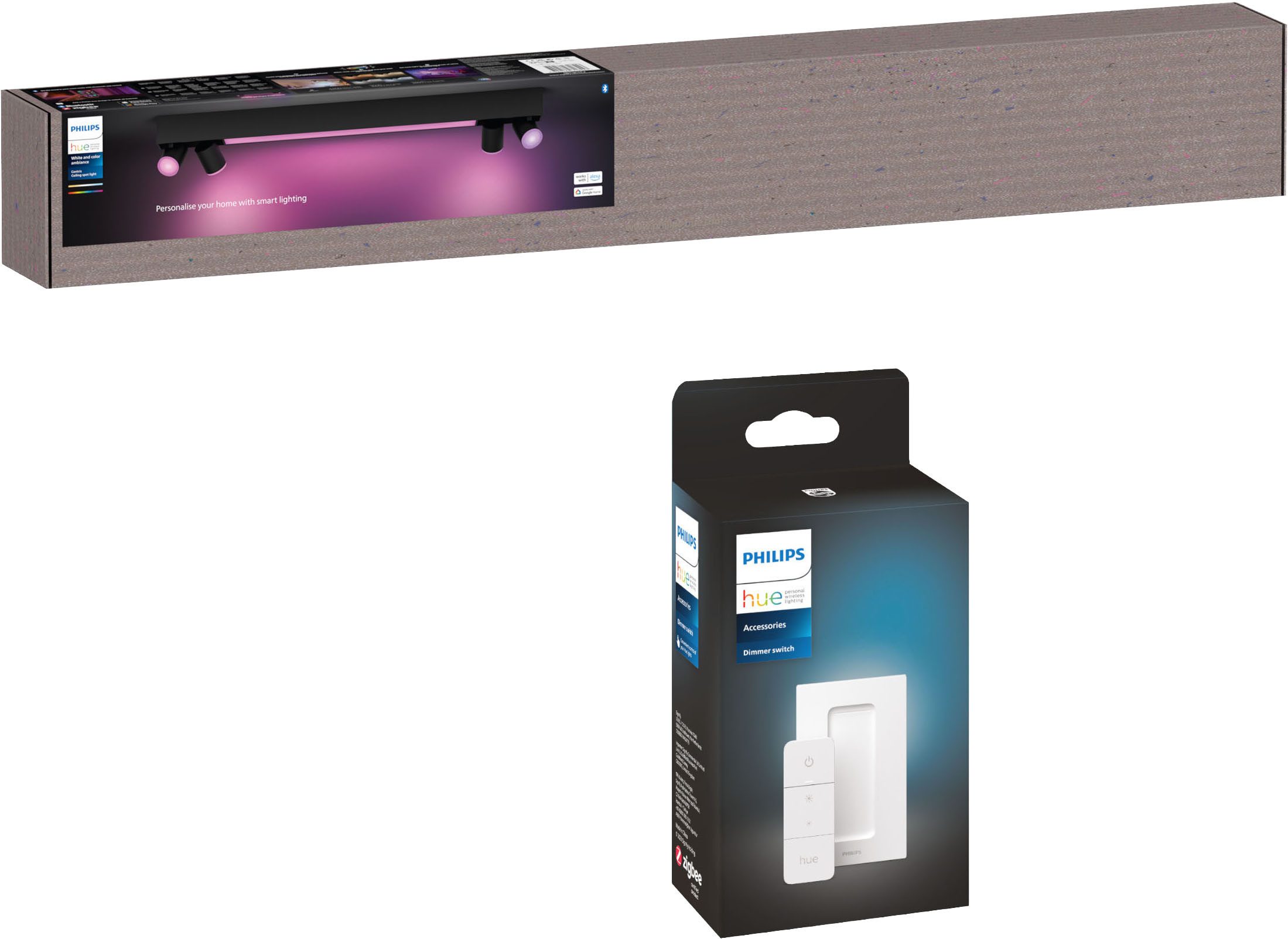 Philips Hue Smarte LED-Leuchte Bundle White & Color Ambiance Centris 4er Spot schwarz, Abschaltautomatik, Bluetooth, CCT - über Fernbedienung, Dimmer, Dimmfunktion, Farbsteuerung, Farbwechsel, Fernbedienung, Infrarot inkl., Leuchtdauer einstellbar, Memoryfunktion, Nachtlichtfunktion, RGB, Smart Home, Timerfunktion, dimmbar über Fernbedienung, erweiterbar, mehrere Helligkeitsstufen, LED wechselbar, RGB, inkl. Philips Hue Dimmschalter