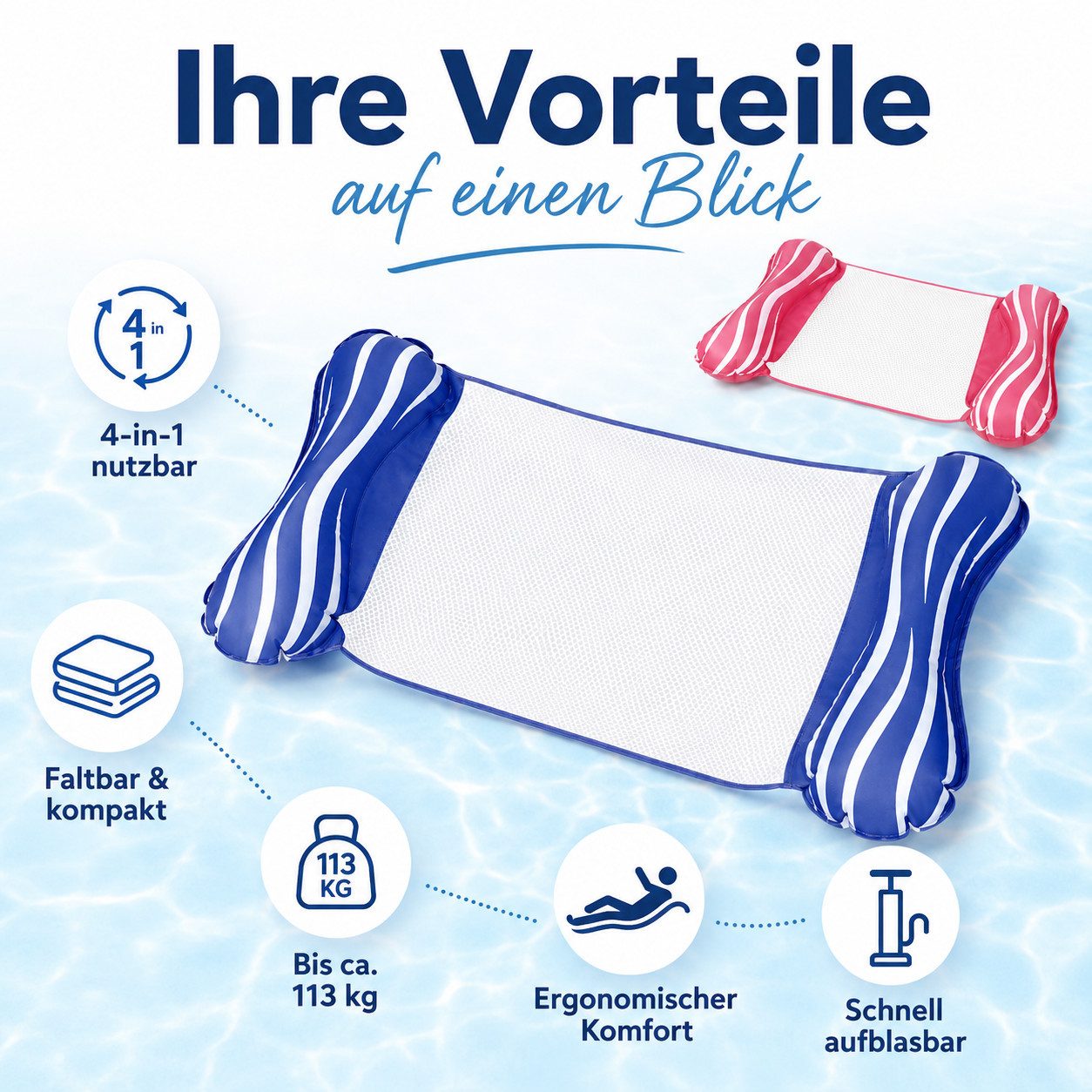 Diyarts Luftmatratze, (Premium 4-in-1 Aufblasbare Wasserhängematte, 1-St., Poolmatratze mit ergonomischen Design), Große Lastkapazität, Kompakt & Tragbar, für Pool und Strand