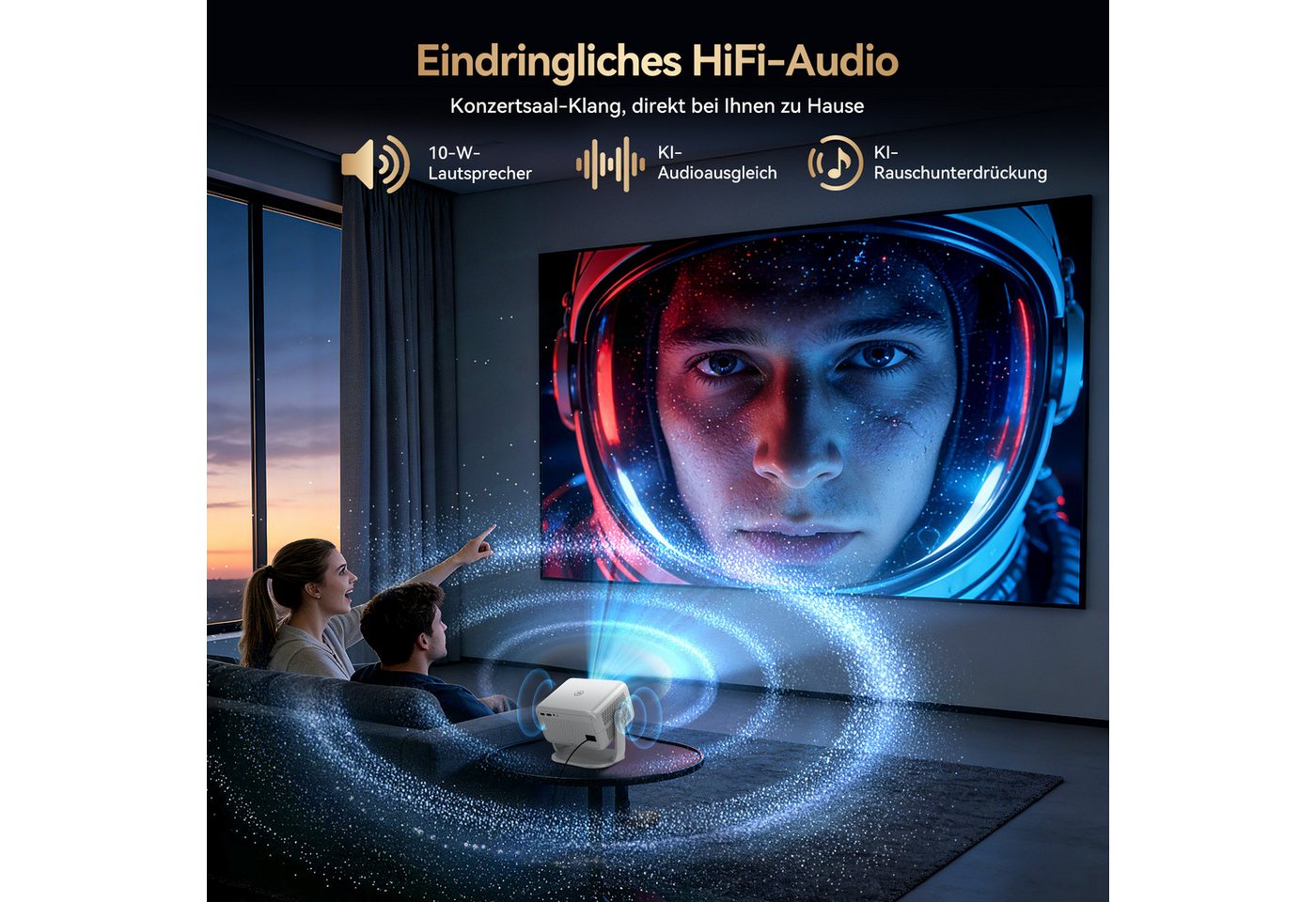 OSCAL 2026 Native 1080P Beamer 4K, Autofokus & Sprachsteuerung Heimprojektor Beamer (30000 lm, 1500:1, 1920 x 1080 px, 30000 lm, < 34db, Android 13, 3840x2160 px, Full HD) weiß