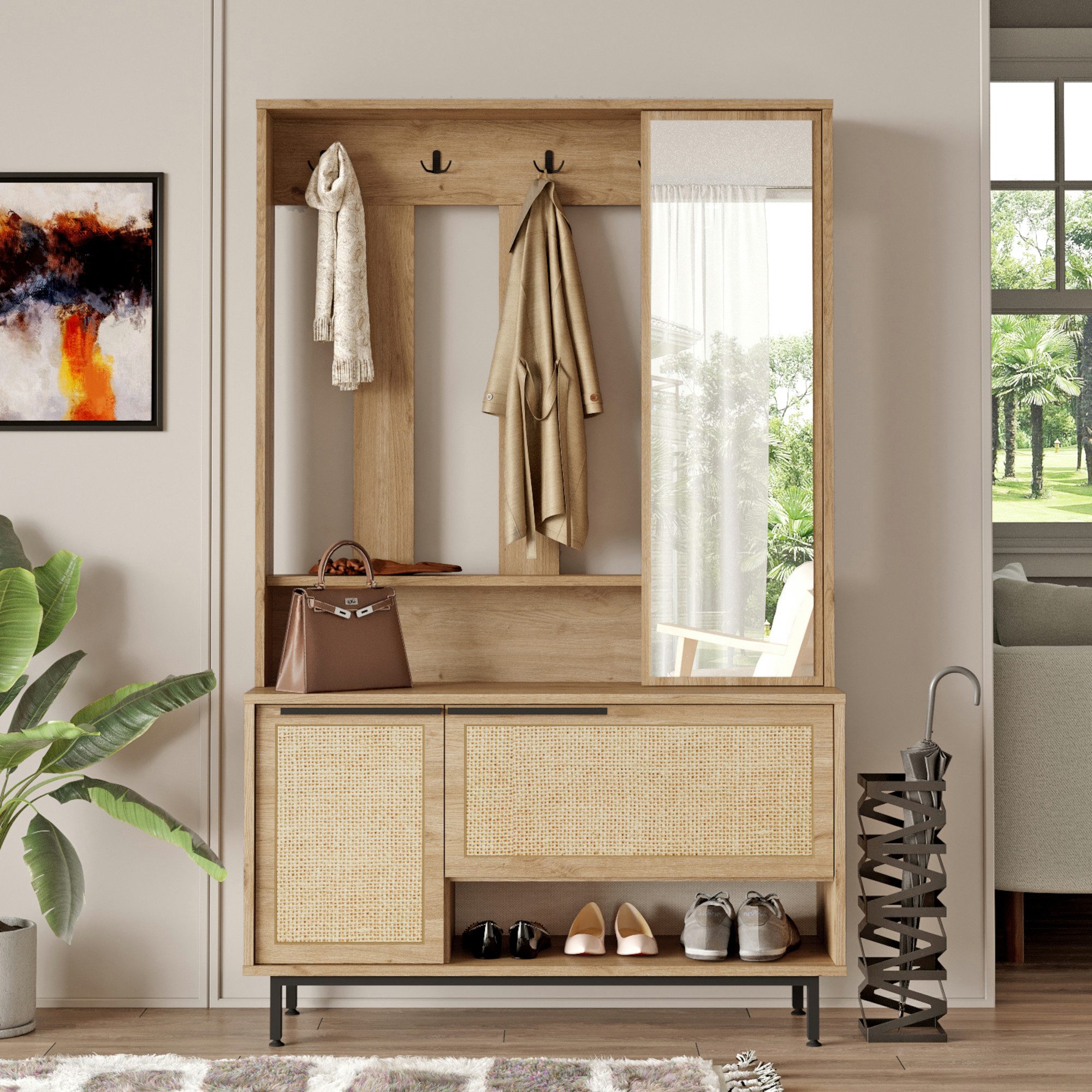 en.casa Kompaktgarderobe Garderobenständer »Kvænangen« Eiche/Rattanoptik günstig online kaufen