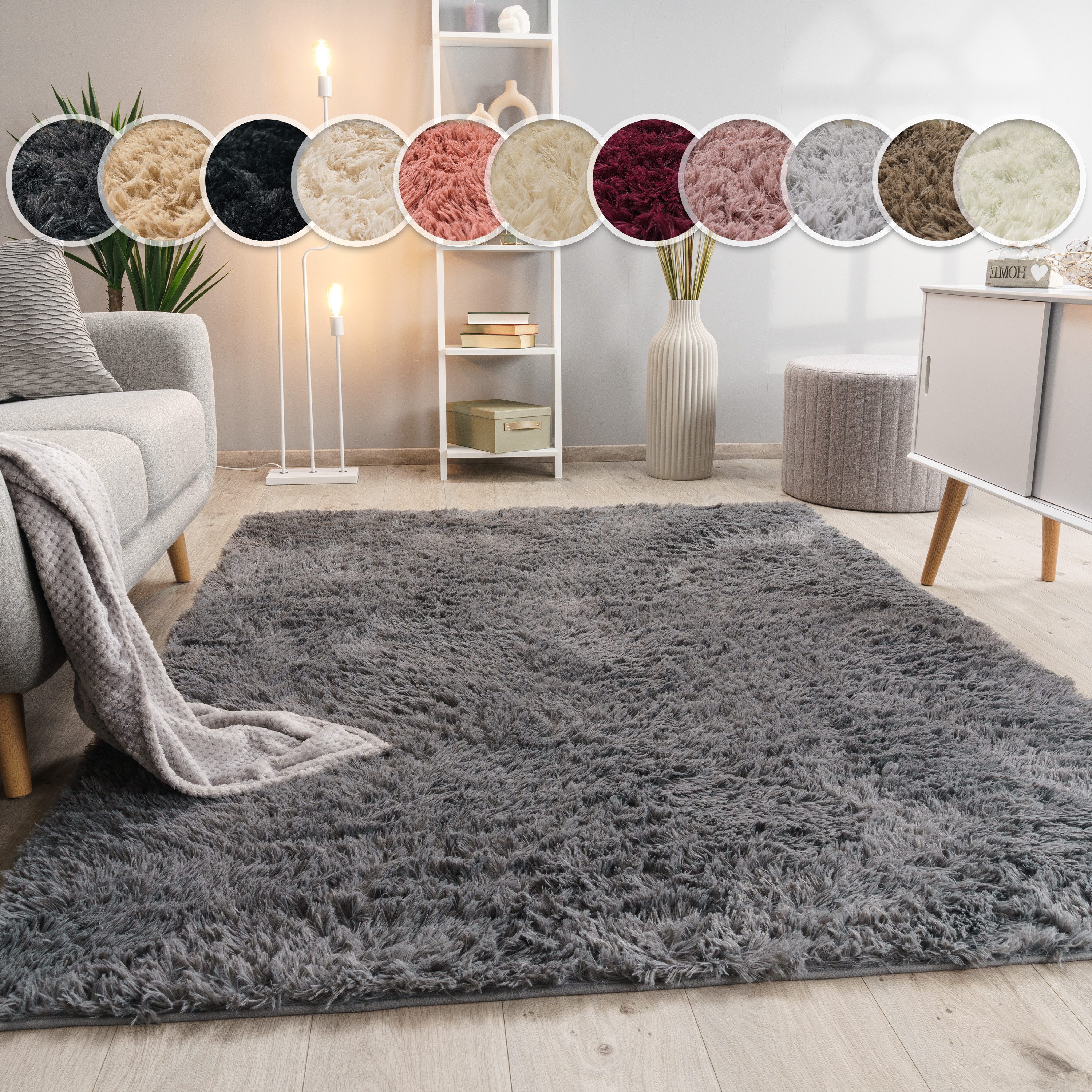 Paco Home Hochflor-Teppich Silky 591, rechteckig, Höhe: 37 mm, Uni-Farben, besonders weich und kuschelig, Wohnzimmer