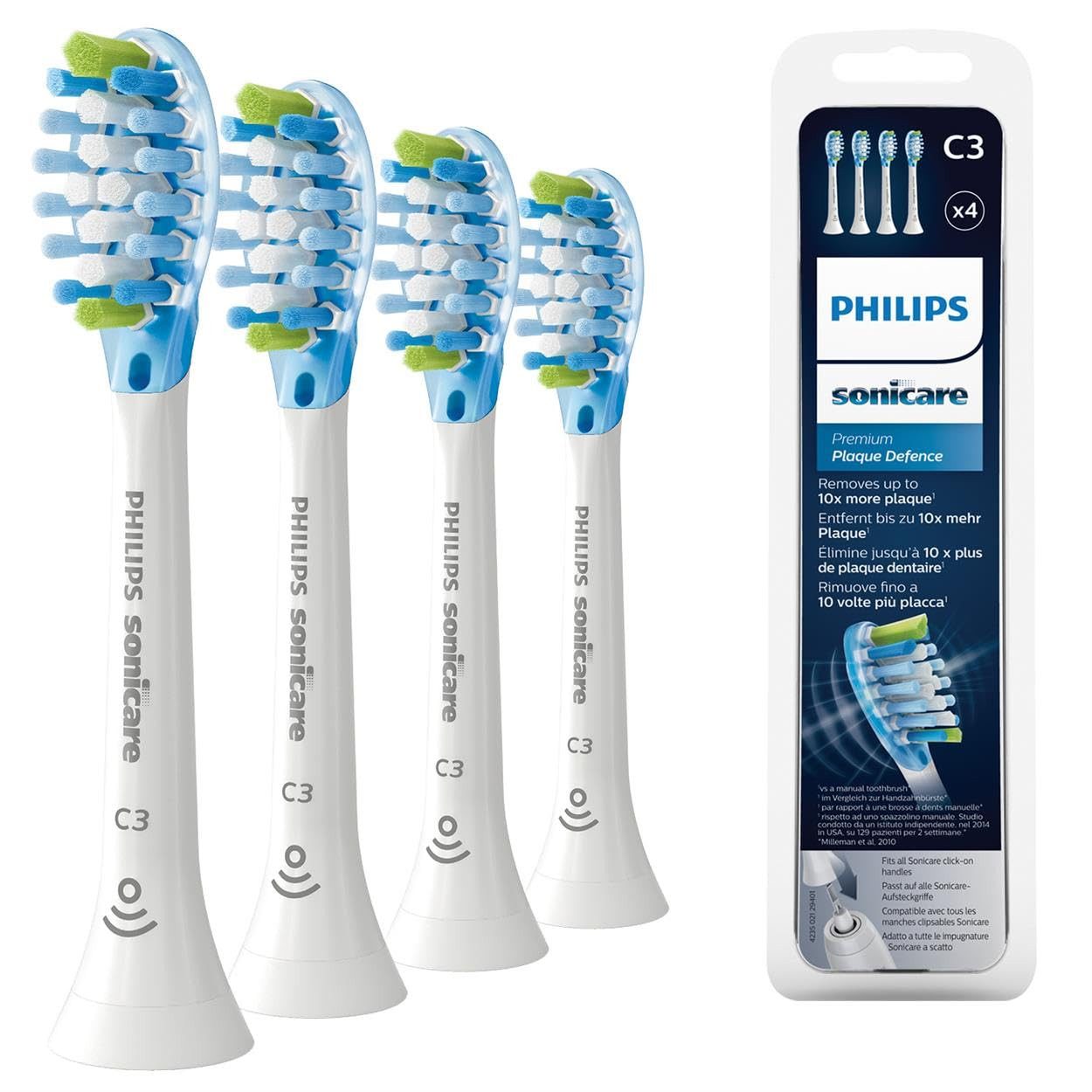 Philips Щетки Philips Sonicare C3 Щетки, Premium Plaque Defence, Packung, 4er-Pack Weiß, Bis zu 10x mehr Plaque-Entfernung, BrushSync kompatibel