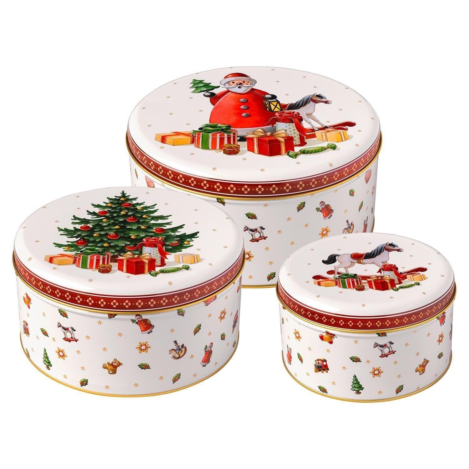 Villeroy & Boch Keksdose Gebäckdosen WINTER COLLAGE, 3-teilig, Weiß, Rot, Metall, (Set, 3-tlg), mit Deckel und Weihnachtsmotiven