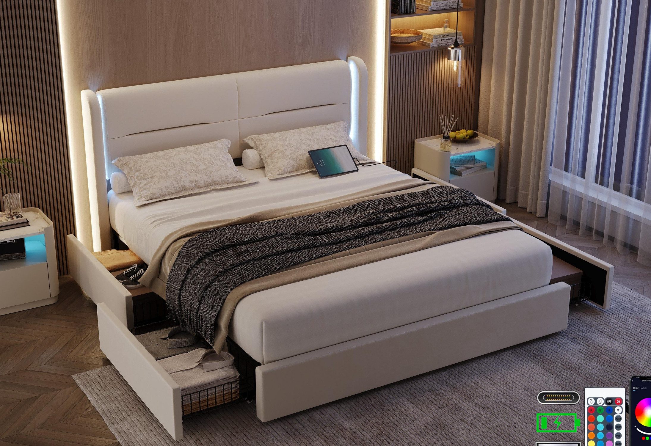 LVHOM Stauraumbett 140x200/160x200cm, LED-Samt-Bett mit 4 günstig online kaufen