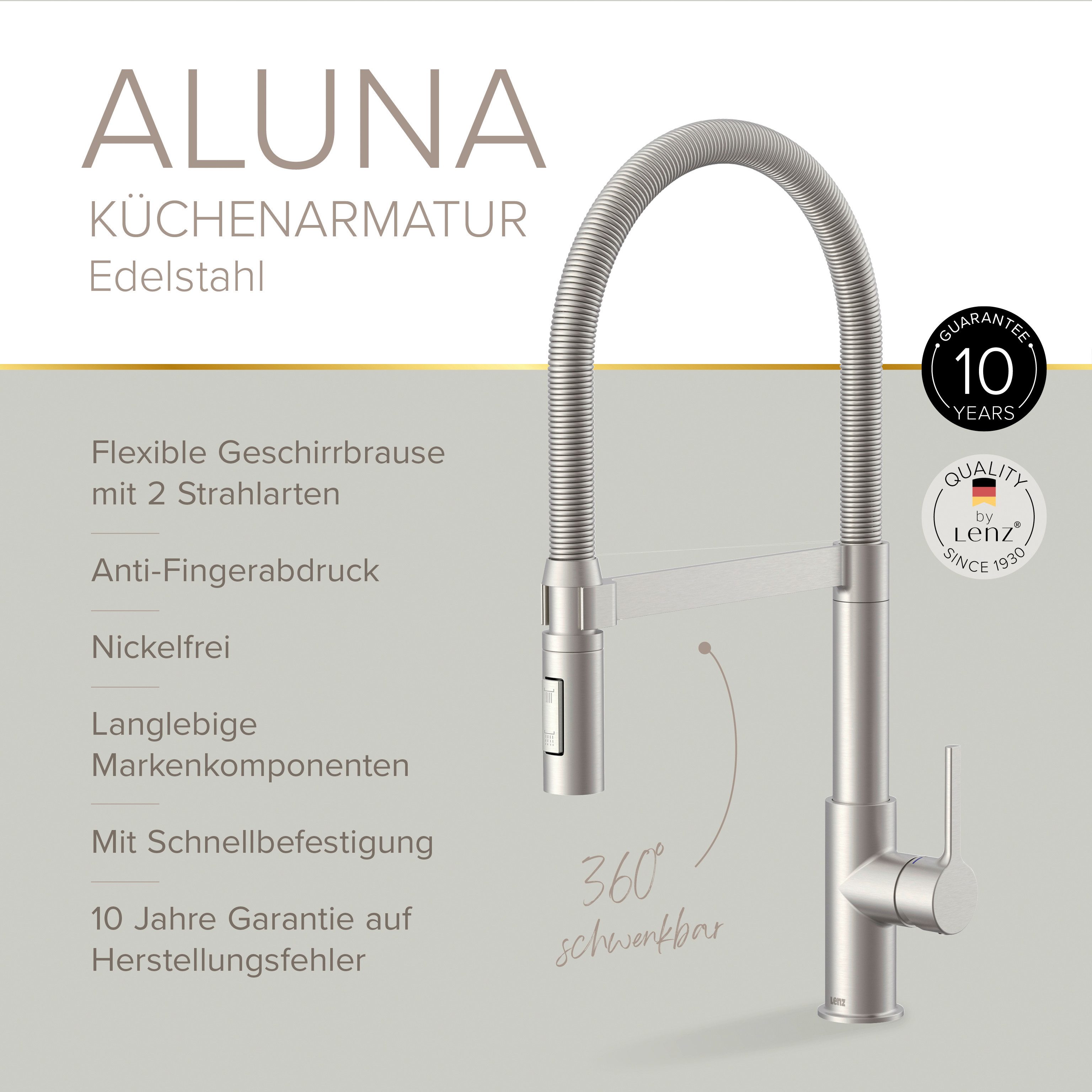 Lenz Küchenarmatur ALUNA mit Pendelbrause 2 Strahlarten, schwenkbar, flexible Brause Flexible Pendelbrause mit 2 Strahlarten