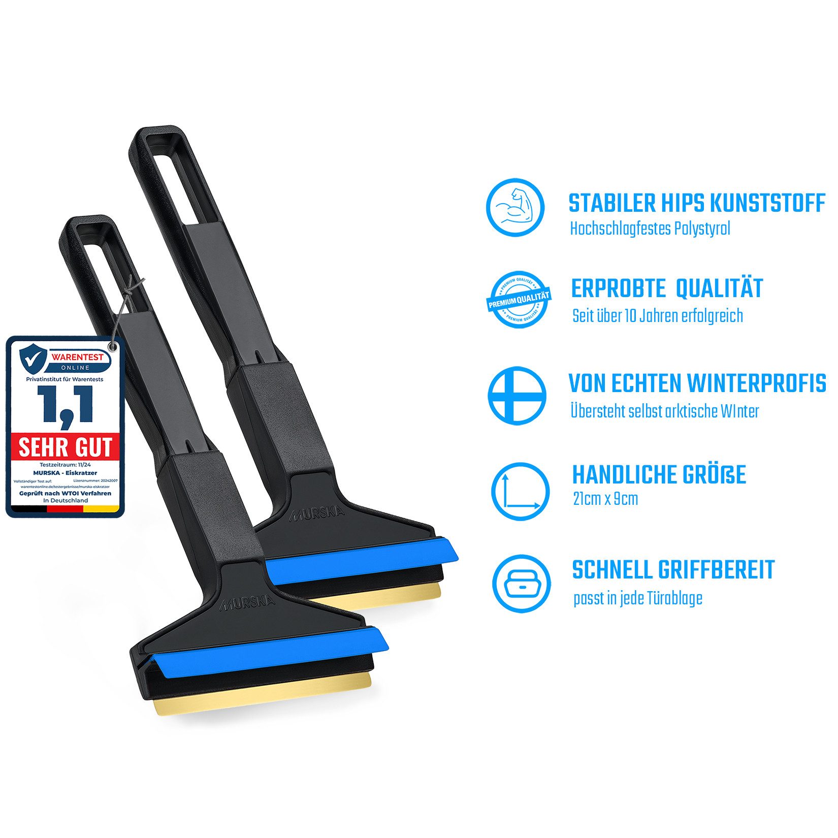 L & P Car Design Car Ice Scraper Brass - Fast & Effortless - 2x Professional Car Windscreen Scrapers Made of Premium HIPS - Brass Blade & Rubber Lip - Murska from Finland