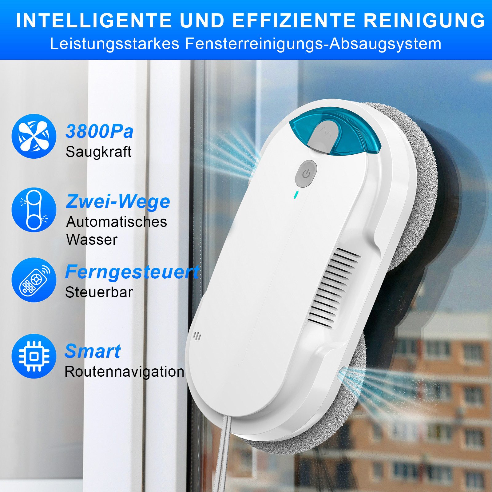 Grenintol Fensterputzroboter Automatischer Fensterputzroboter 3800PA,Fenstersauger mit Water Tank, Fensterputzer Elektrisch mit Intelligentes Kantenerkennungssystem