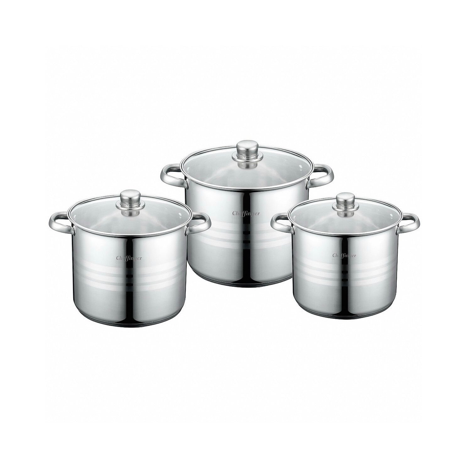 Cheffinger Kochtopf 6-tlg Set aus hochwertigem Edelstahl mit Glasdeckeln, Edelstahl (6-tlg), Induktionsgeeignet, ø26/28/30 cm