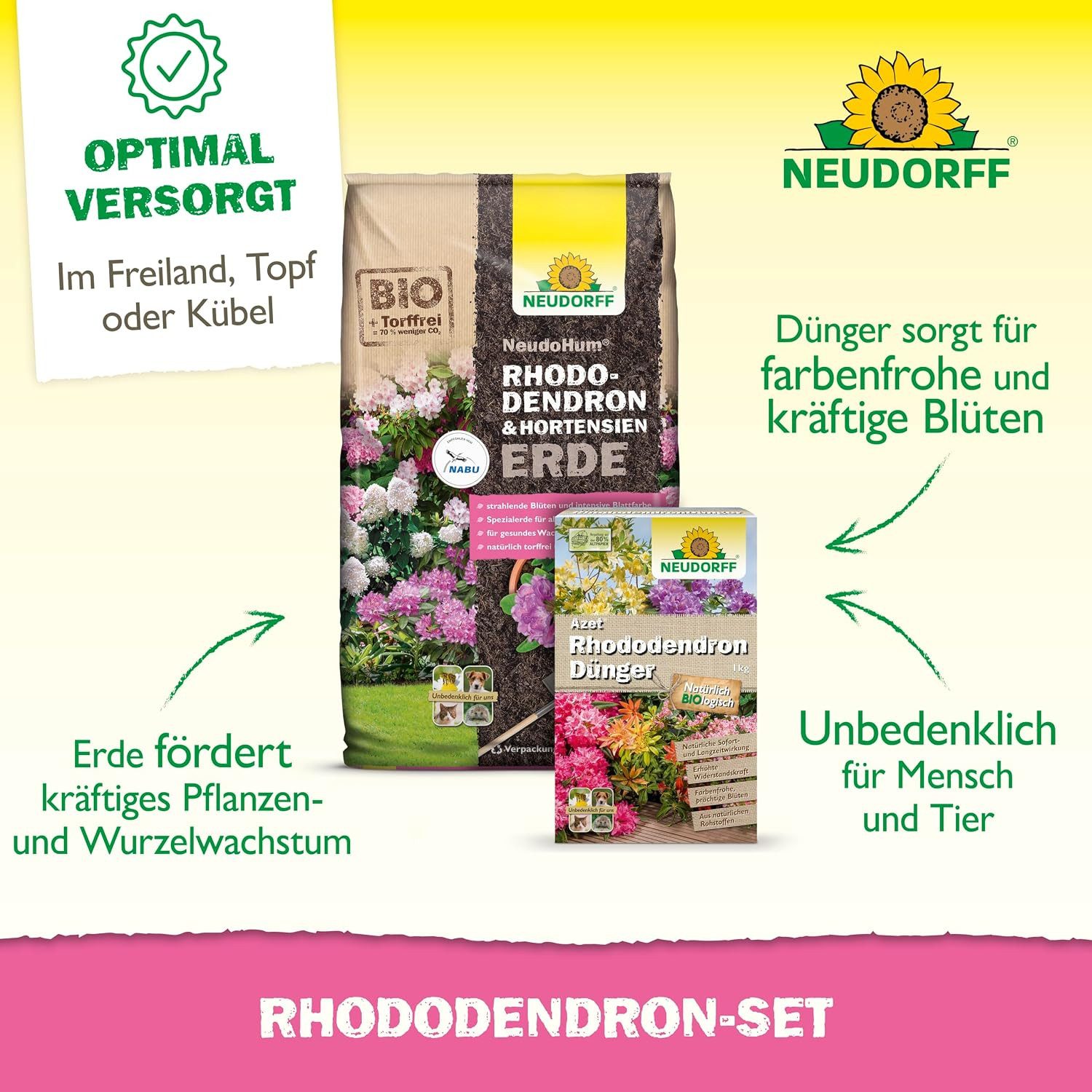 Neudorff Langzeitdünger Rhodo Set, 2-teiliges Set, 2-St., NeudoHum Rhodo- & HortensienErde + Azet Rhododendrondünger, Torffreie Spezialerde mit Rhododendrondünger im Komplett-Set