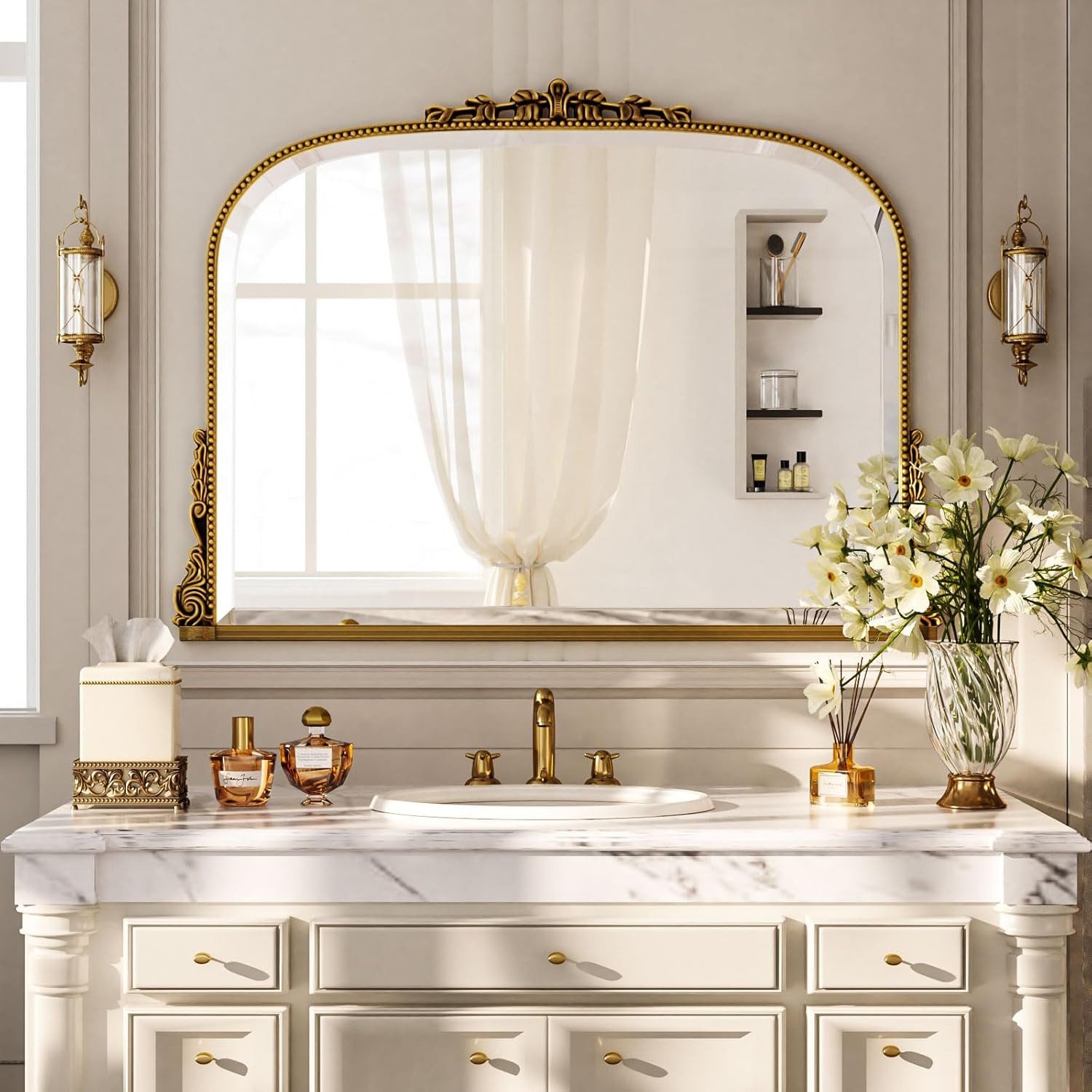 MC Star Wandspiegel Barock-Vintage Wandspiegel 90×67 cm (Ovaler Bogenspiegel mit Goldrahmen, bruchsicher für Wohnzimmer, Flur & Badezimmer)