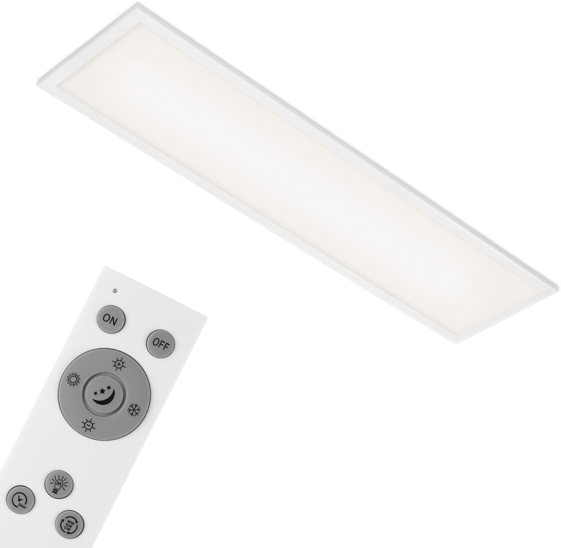 Briloner Leuchten LED Panel 7167016 Piatto, CCT - über Fernbedienung, LED fest integriert, Kaltweiß, Neutralweiß, Tageslichtweiß, Warmweiß, Deckenlampe, 100x25x6cm, Weiß, 24W, Wohnzimmer, Schlafzimmer, Küche | Panels