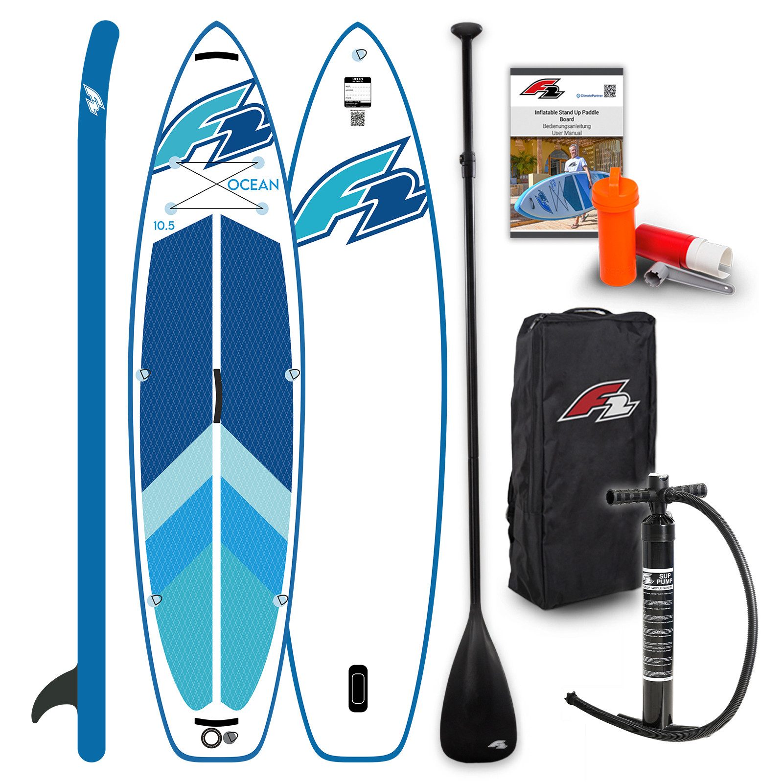 F2 SUP-Board F2 Marken Stand Up Paddle Board Ocean Blau SUP 10'5 320cm + Basic Zube, Stand up paddle board