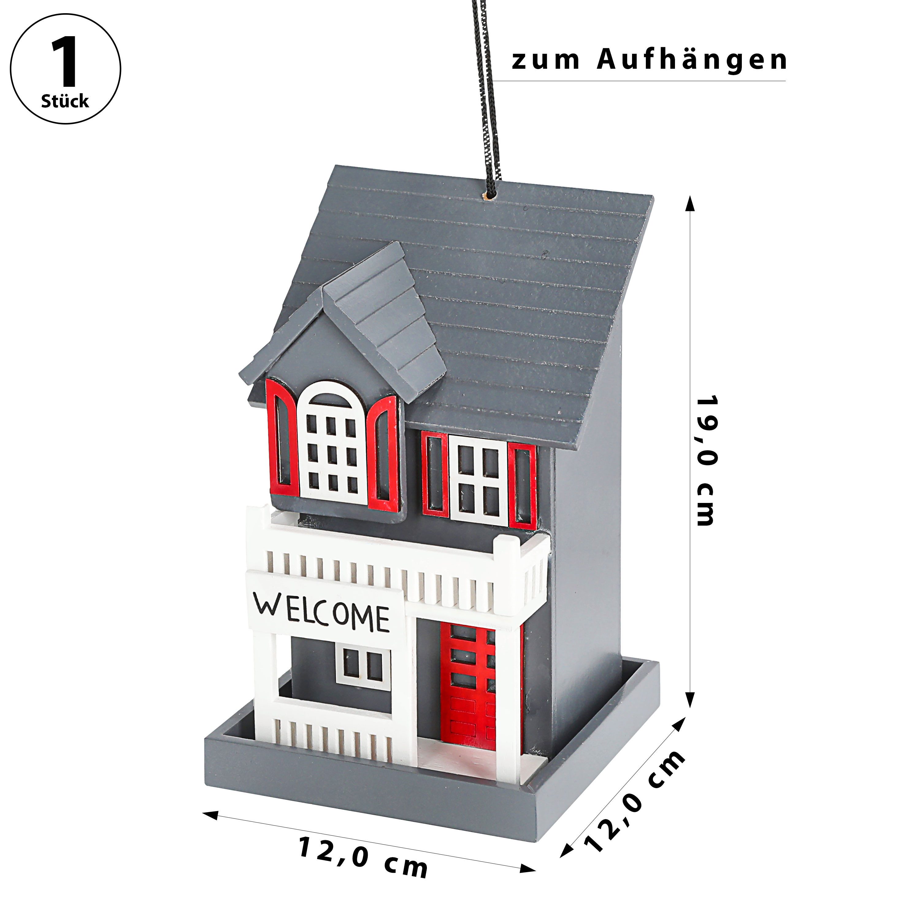 CEPEWA Vogelhaus Vogelhaus zum Aufhängen 'Welcome' 12x19cm grau rot MDF Futterstation