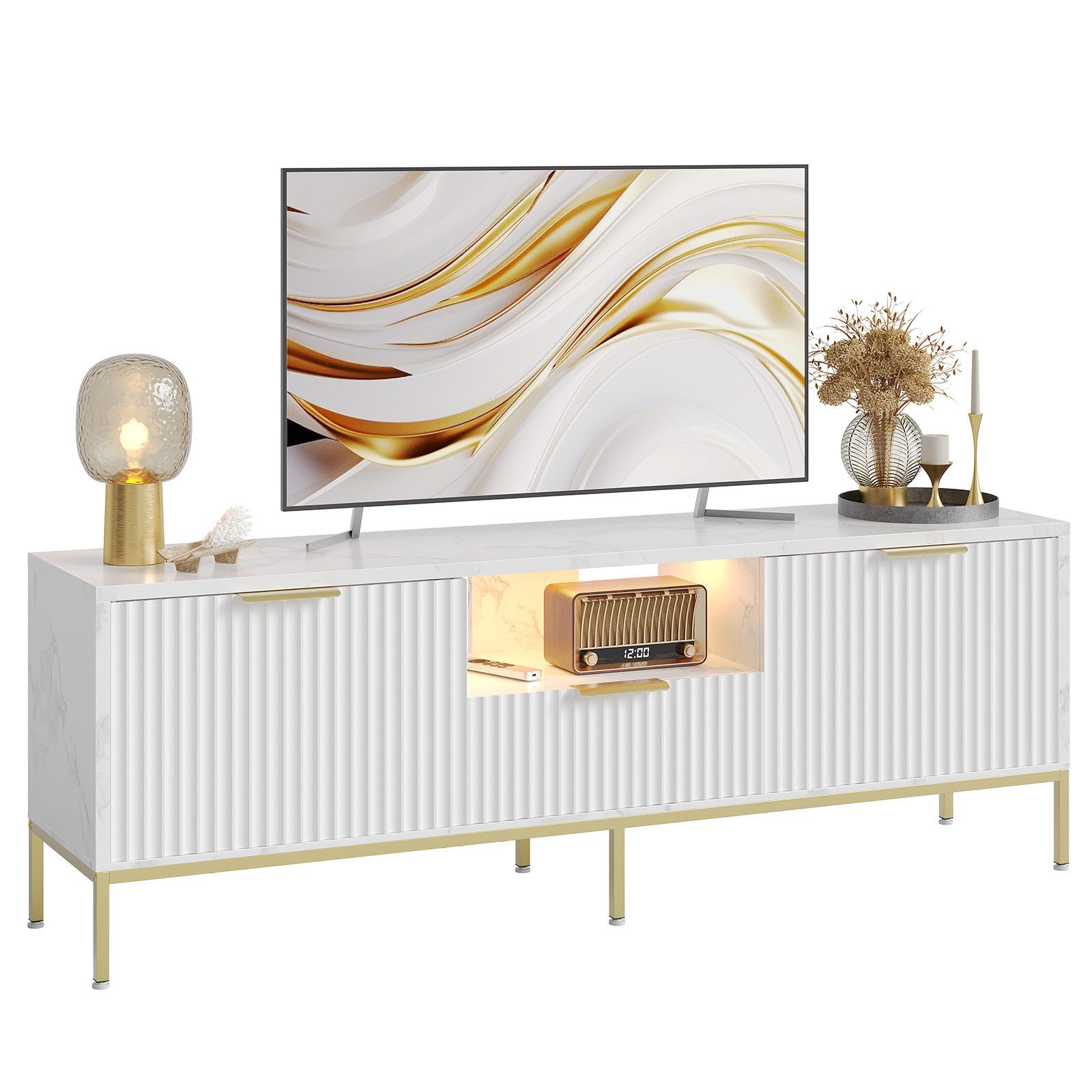 Bestier TV-Schrank TV-Schrank Lowboard für 65 Zoll & kleinere TVs, 144.8 x 35 x 54 cm Türfront mit glänzendem Wellenmuster und Schubladen