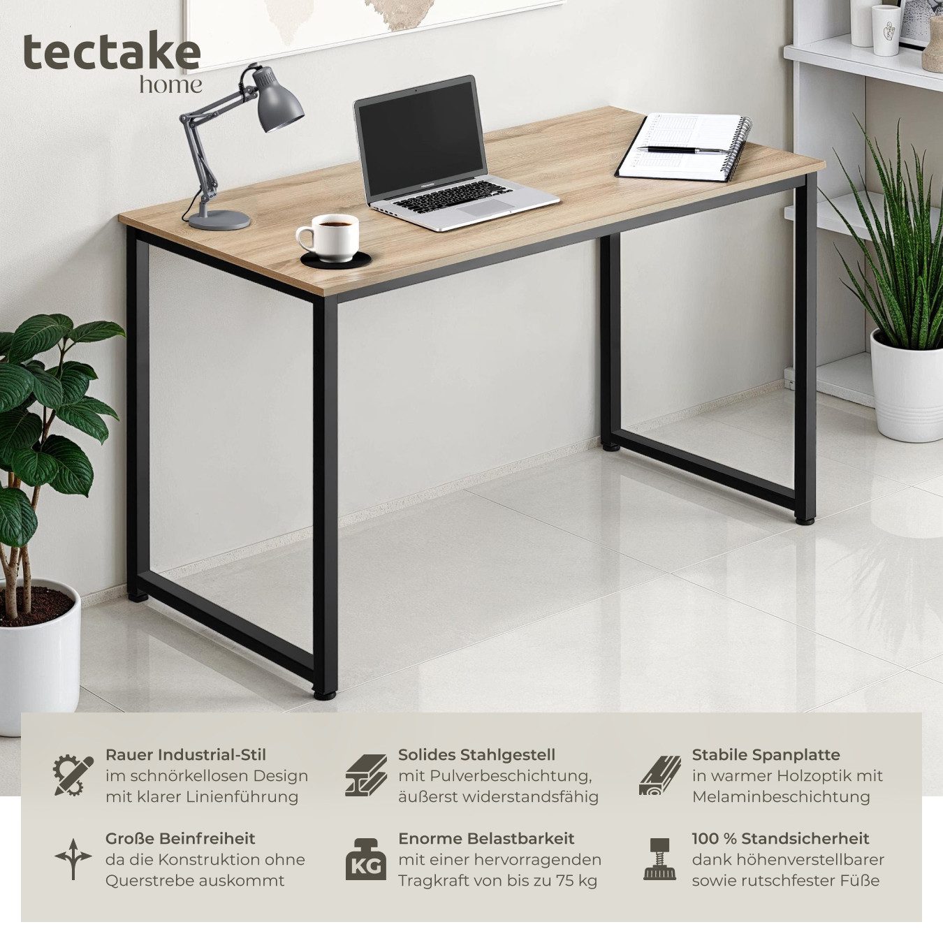 tectake Schreibtisch Flint (1-St., 1 tlg), Schnörkelloser Schreibtisch im rustikalen Industrial Style