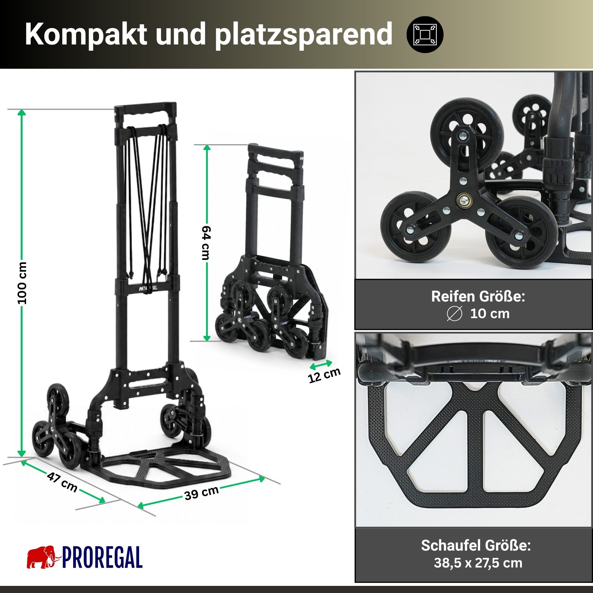 PROREGAL® Sackkarre ELEPHANT mit Profi-Alu-Rahmen klappbar ergonomisch Vollgummibereifung, Klappbare Sackkarre Transportkarre Staplerkarre hohe Traglast – Bild 5 von 5