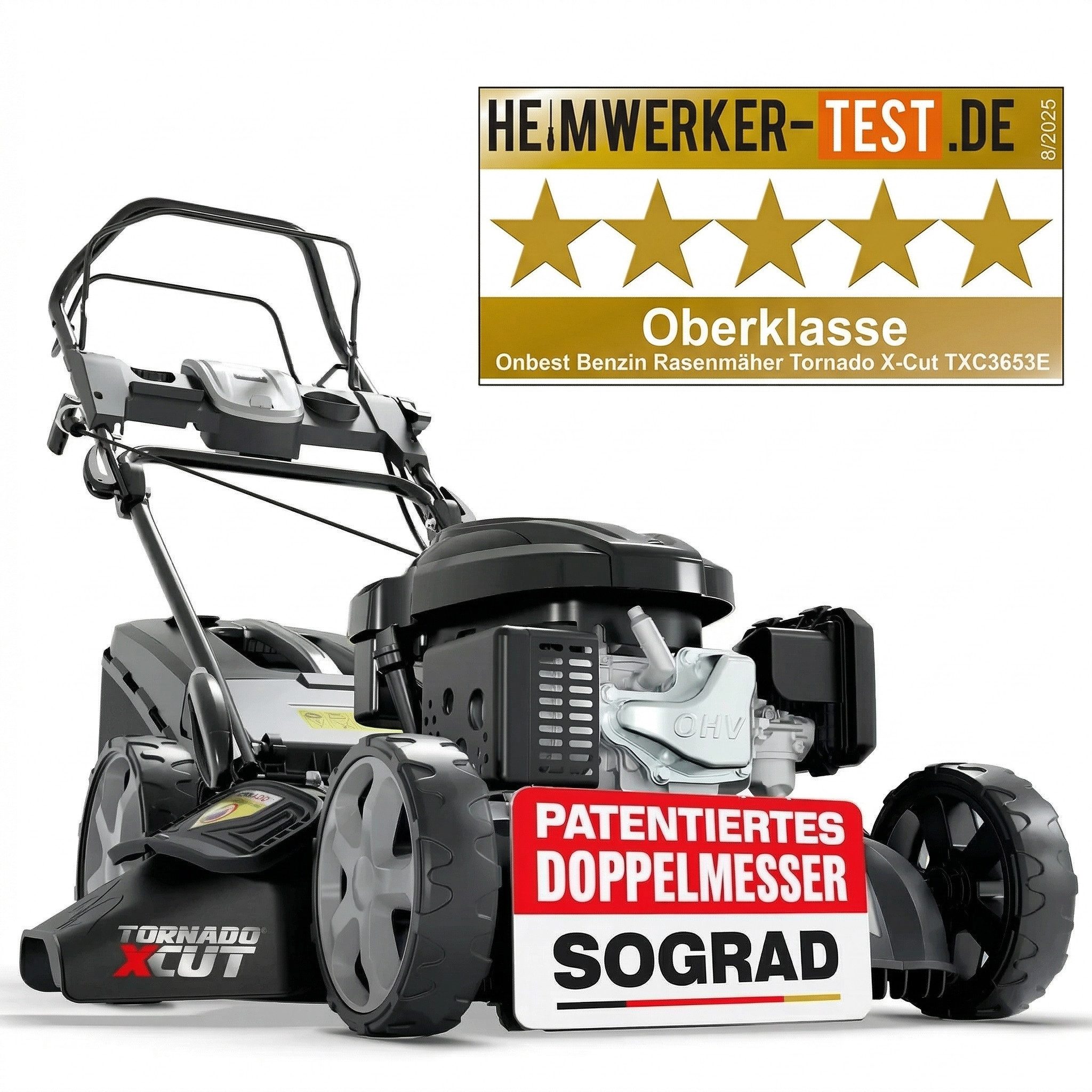 Onbest Benzinrasenmäher 5in1 mit Radantrieb Elektrostart Tornado X-Cut, 53.00 cm Schnittbreite, 6,5PS, Doppelmesser mit Sograd