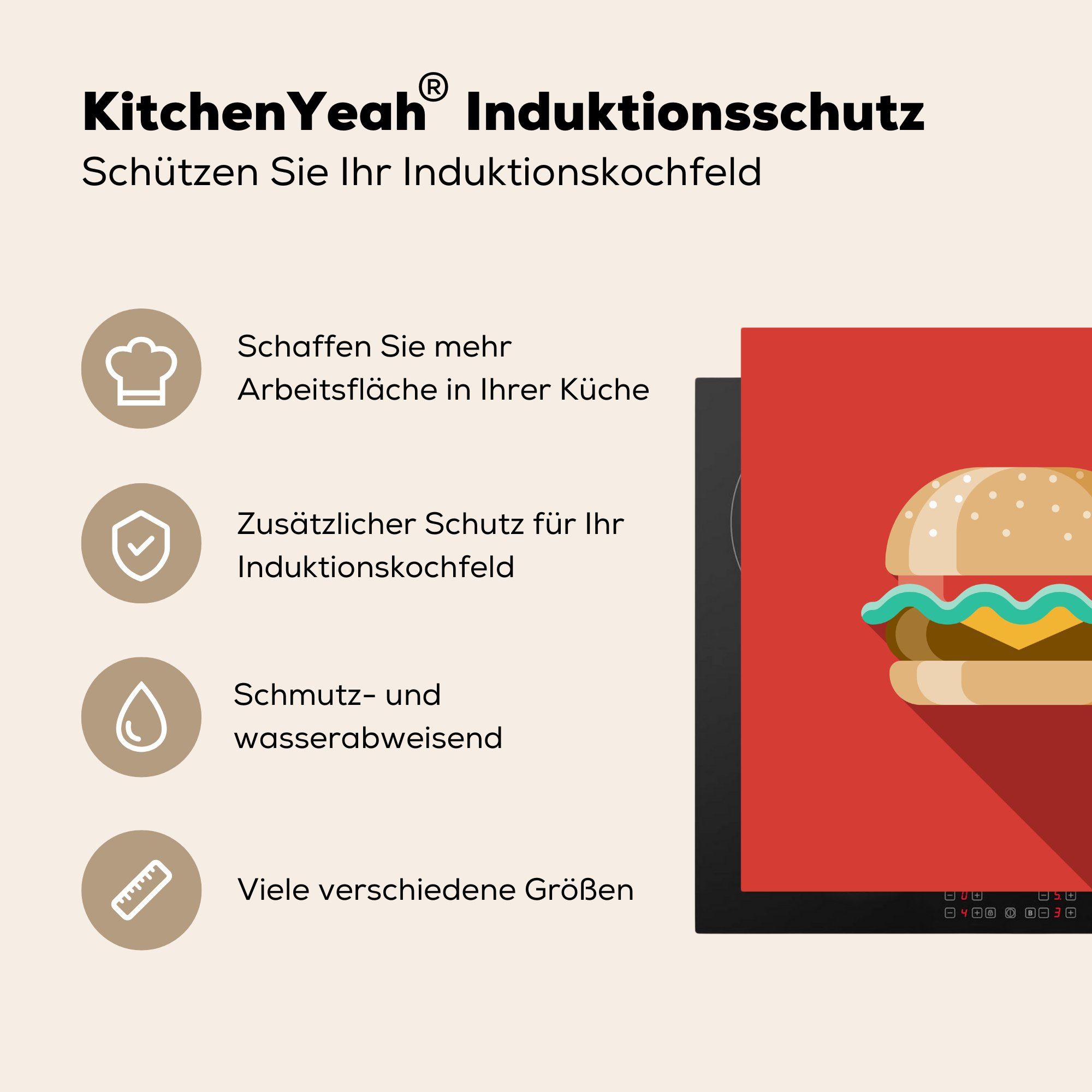 MuchoWow Herdblende-/Abdeckplatte tlg), 78x78 Piktogramm Vinyl, Arbeitsplatte einem eines cm, für (1 vor roten Ceranfeldabdeckung, Hamburgers Hintergrund, küche