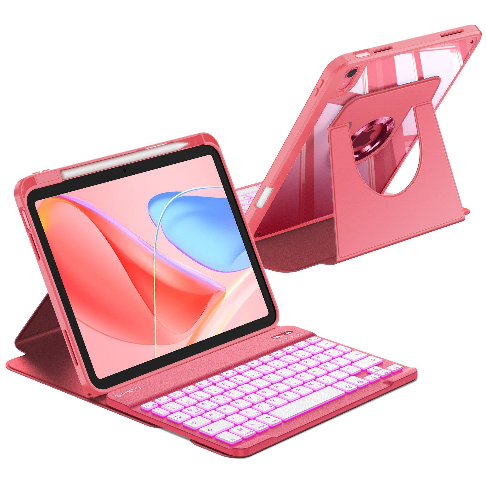Fintie mit 360° drehbare Hülle für iPad A16 11/10. Generation 11/10,9 Zoll Tastatur (7-farbige Hintergrundbeleuchtung magnetisch Bluetooth-Tastatur)