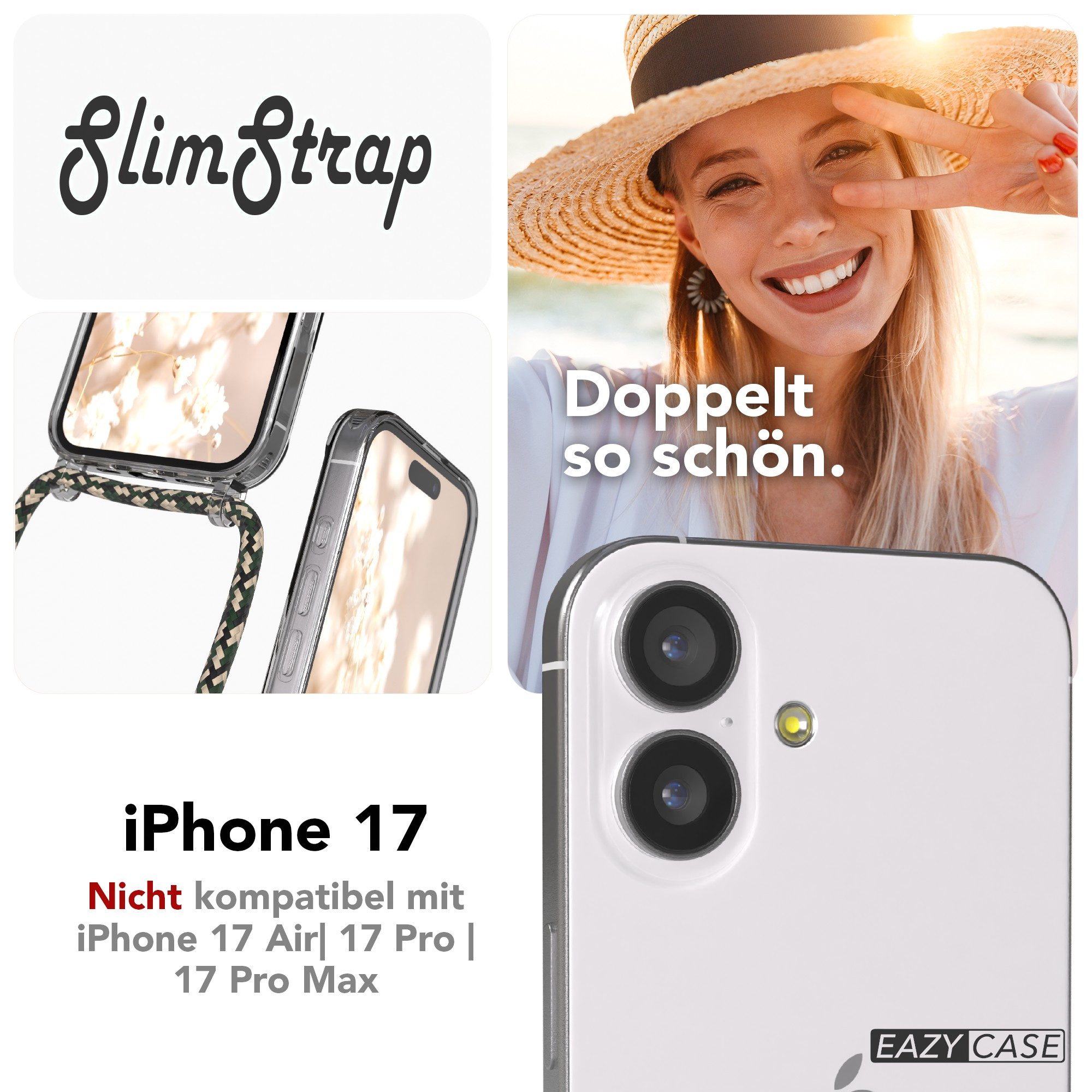 EAZY CASE Handykette mit Magsafe Hülle für Apple iPhone 17 6,3 Zoll, Umhängeband mit Backcover Etui Schutzhülle Hülle Case Camouflage Grün