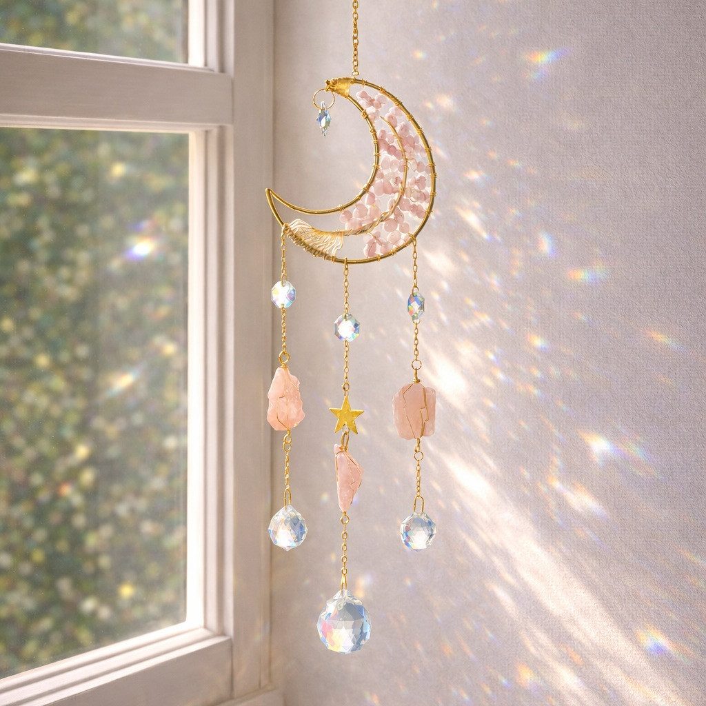 Karmandala Dekohänger Sonnenfänger mit Kristall Regenbogen Lichtspiel, echte Rosenquarz Edelsteine, spirituelle Boho Deko