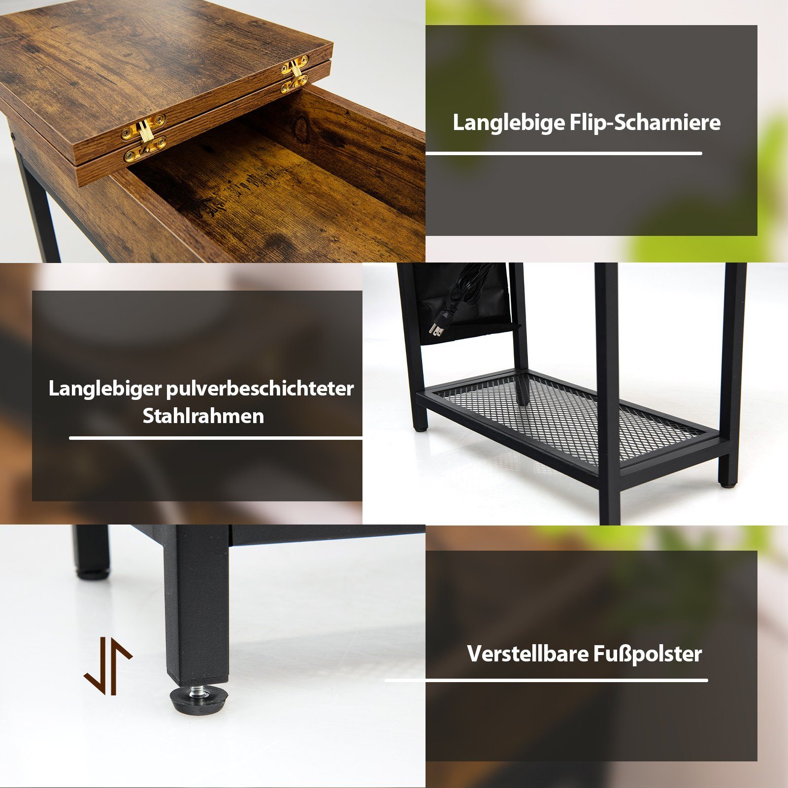 Lerliuo Beistelltisch Mit Ladestation - 60,2x29,5x62,7 Cm, Braun, Mit USB & Steckdosen, Stauraum Für Kleine Räume