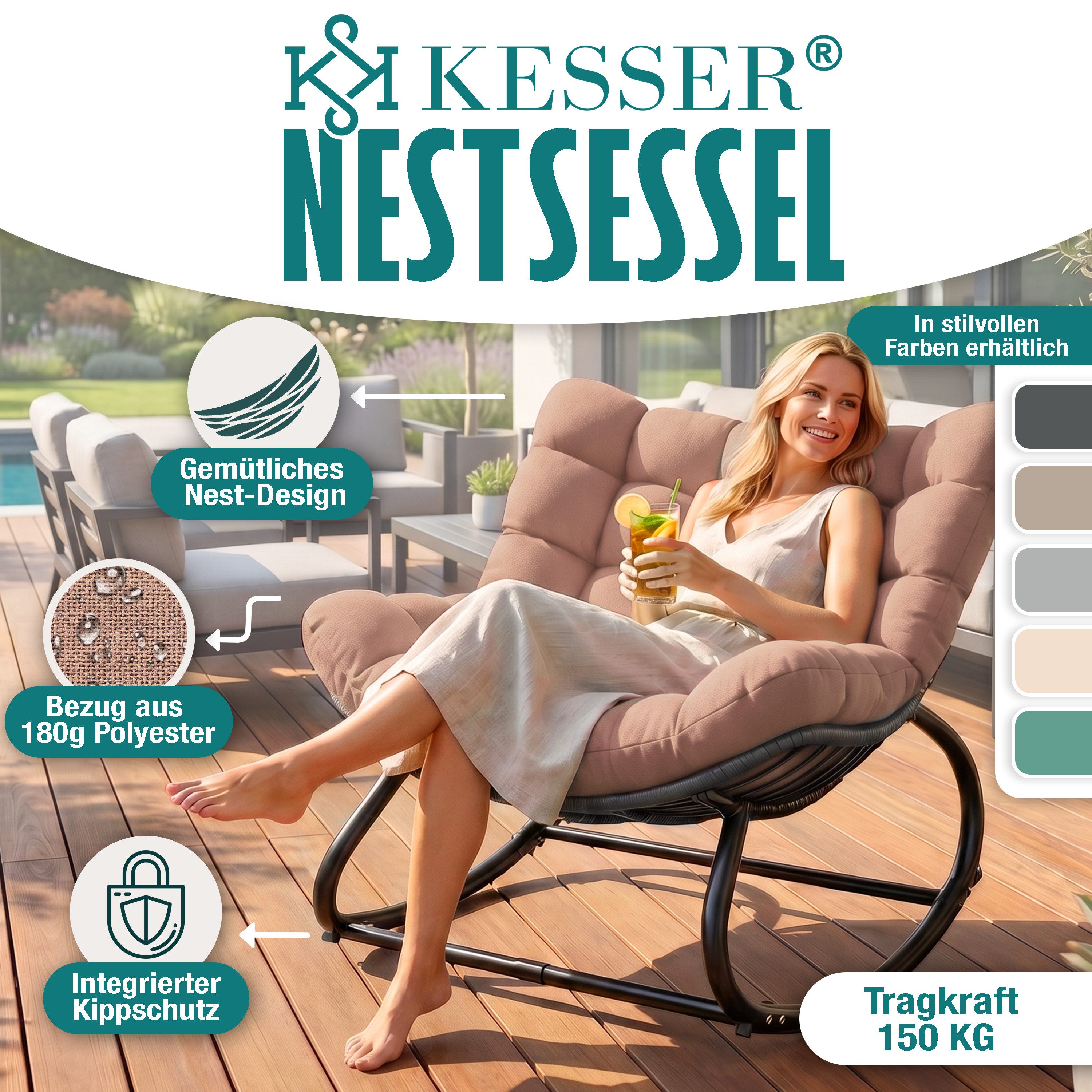 KESSER Schaukelstuhl (maximale Belastung 120kg, witterungsbeständig & mit rutschfesten Füßen), Loungesessel ergonomisches Relaxsessel für Balkon, Garten & Wohnz – Bild 2 von 5