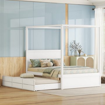 Celya Himmelbett 140 x 200 cm Pritsche mit ausziehbarem Einzelbett, und drei Ablagefächern, Weiß