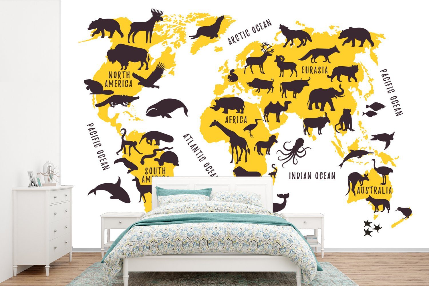 MuchoWow Fototapete Weltkarte - Gelb - Tiere, Matt, bedruckt, (6 St), Wallpaper für Wohnzimmer, Schlafzimmer, Kinderzimmer, Vinyl Tapete