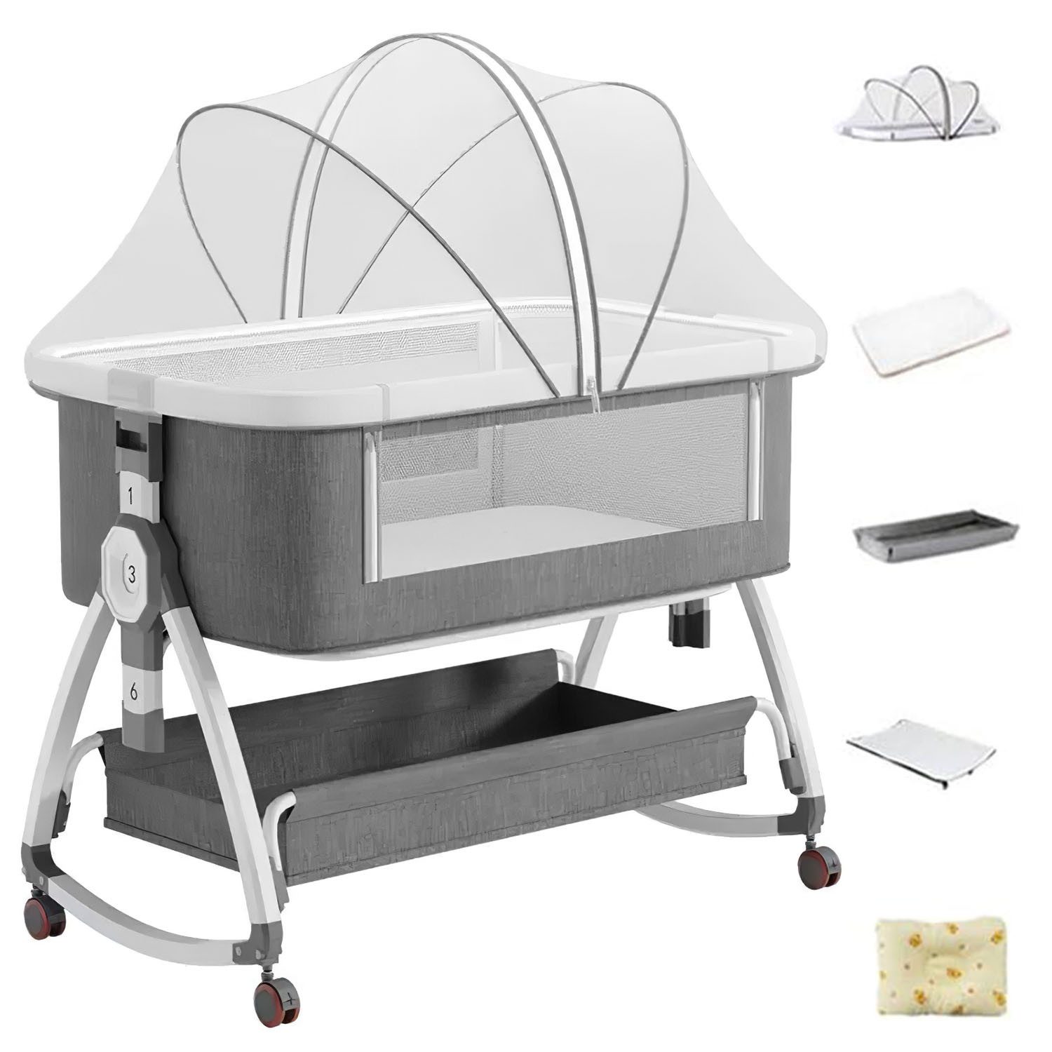 AIMAX Babybett Zustellbett Reisebett Kinderreisebett mit Matratze Laufstall, Höhenverstellug Moskitonetz Wickeltisch zu Montieren und zu Falten
