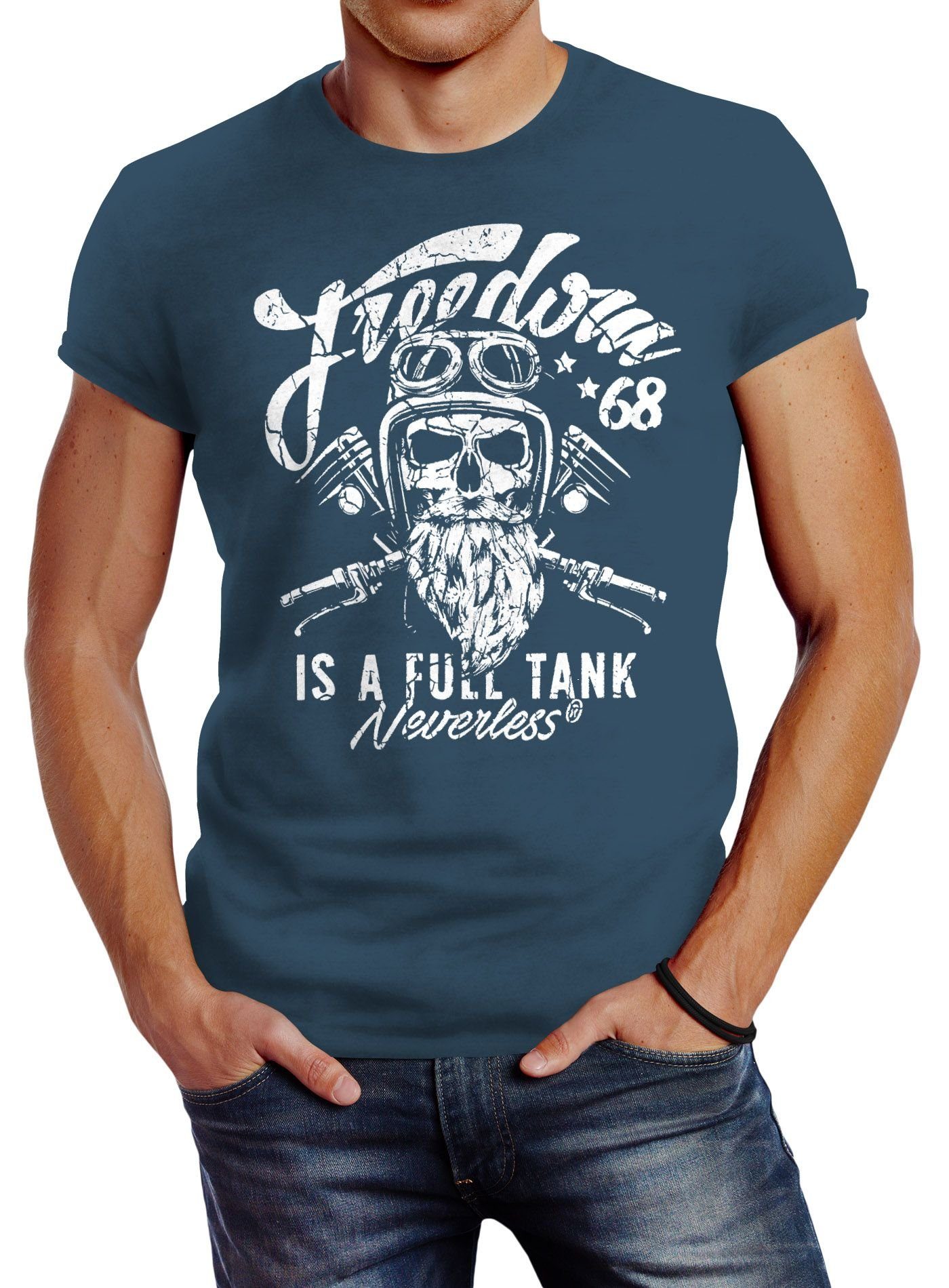 Neverless Print-Shirt Herren T-Shirt Biker Motorrad Motiv Freedom is a full Tank Skull Totenkopf Slim Fit Neverless® mit Print blau
