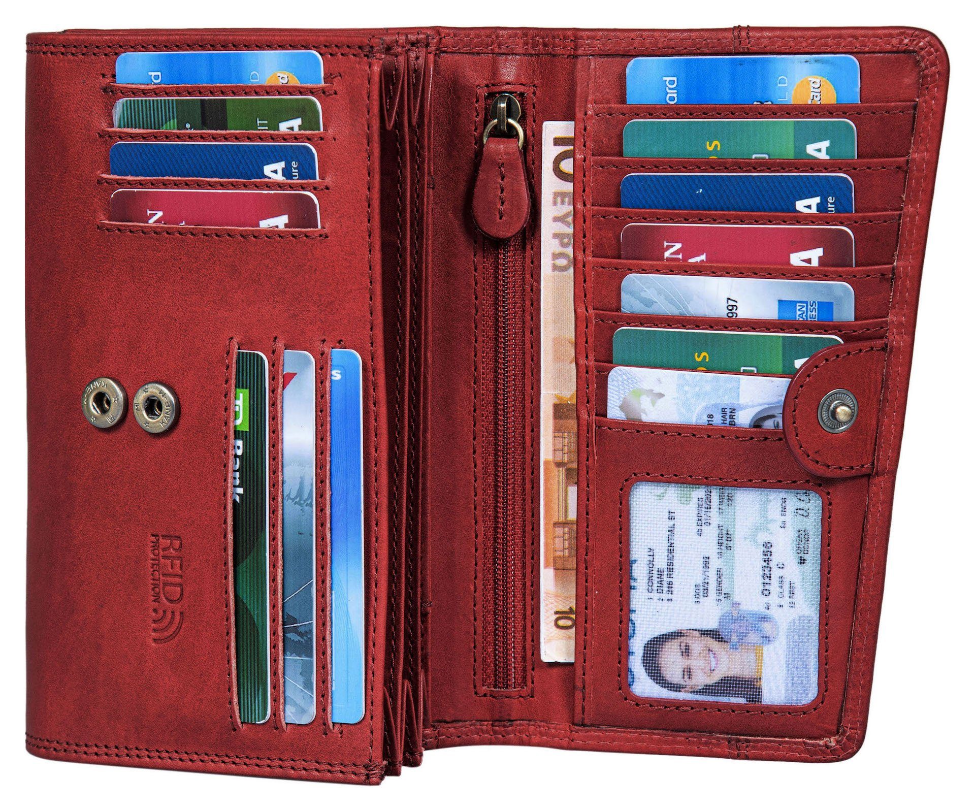 Groß Geldbeutel Portemonnaie RFID, Münzfach Kartenfächer Benthill Rot Leder Damen vielen Echt Geldbörse RFID-Schutz Kartenfächer Reißverschlussfach
