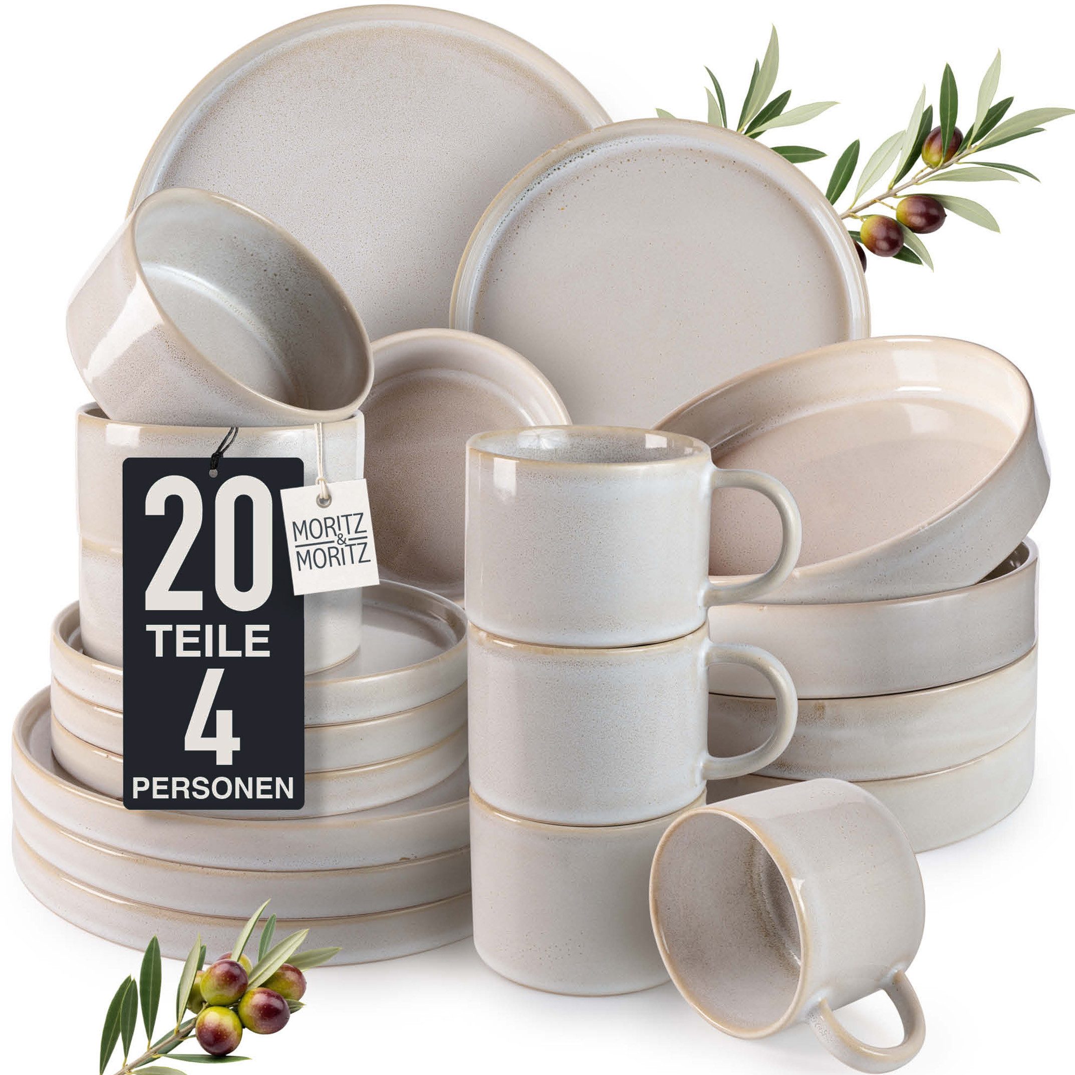 Moritz & Moritz Kombiservice CASTELLO Geschirrset 20 tlg. Komplett-Set für 4 Personen (20-tlg), 4 Personen, Steinzeug, Robustes Kombigeschirr für 4 Personen