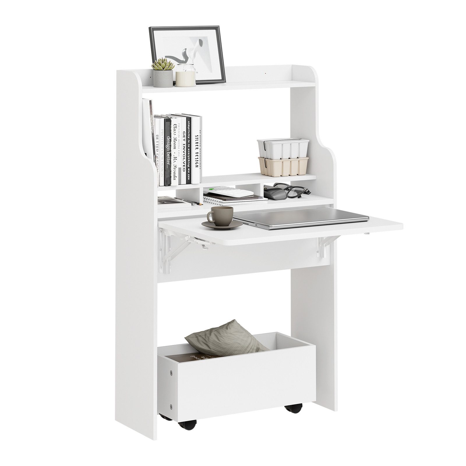 SoBuy Schreibtisch FWT105, Klappschreibtisch mit Regal, mit Regalböden, Computertisch Klapptisch Arbeitstisch für Homeoffice