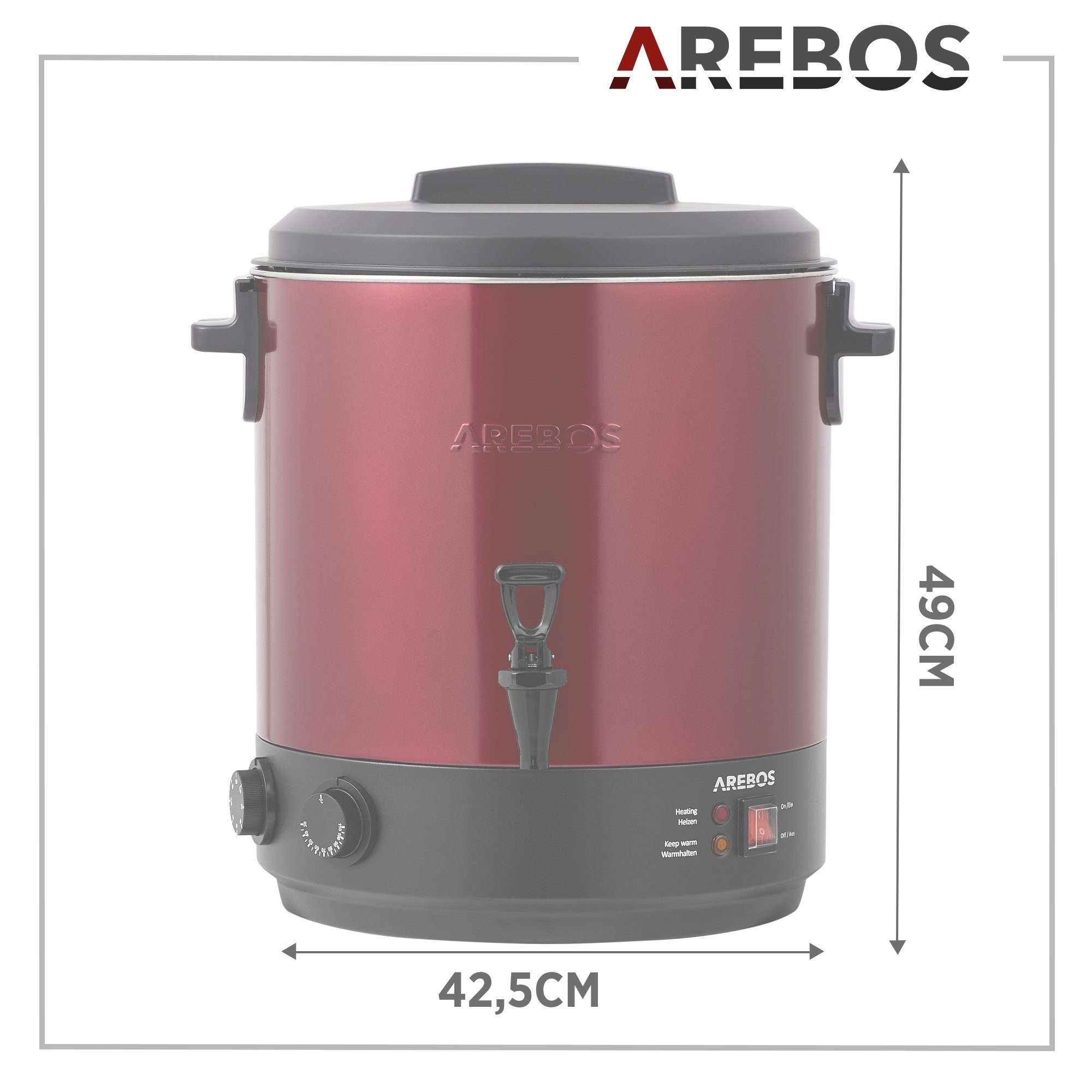 Arebos Einkoch- und Glühweinautomat L, 28 & 1800 Timerfunktion mit rot Timer,Thermostat Überhitzungsschutz, Einkochtopf W