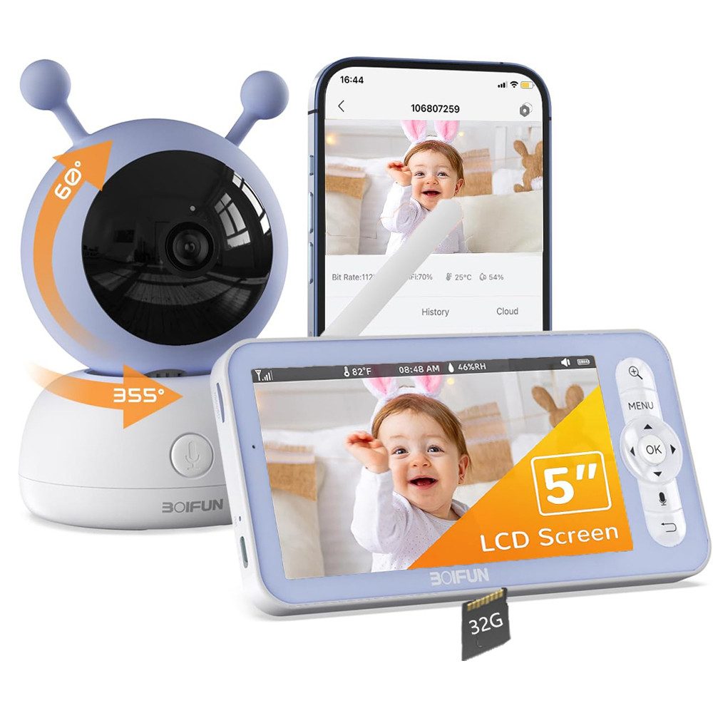 Video-Babyphone 1080P/5 Zoll Babyphone mit Kamera und App-Intelligente Nachtsicht