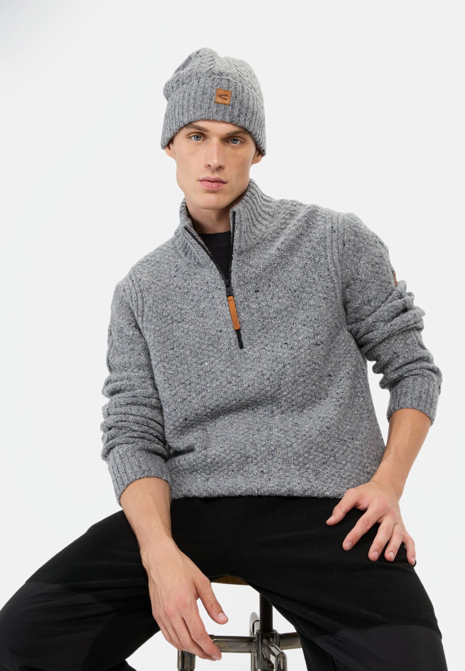 camel active Strickpullover mit Troyer-Kragen Markenlogo