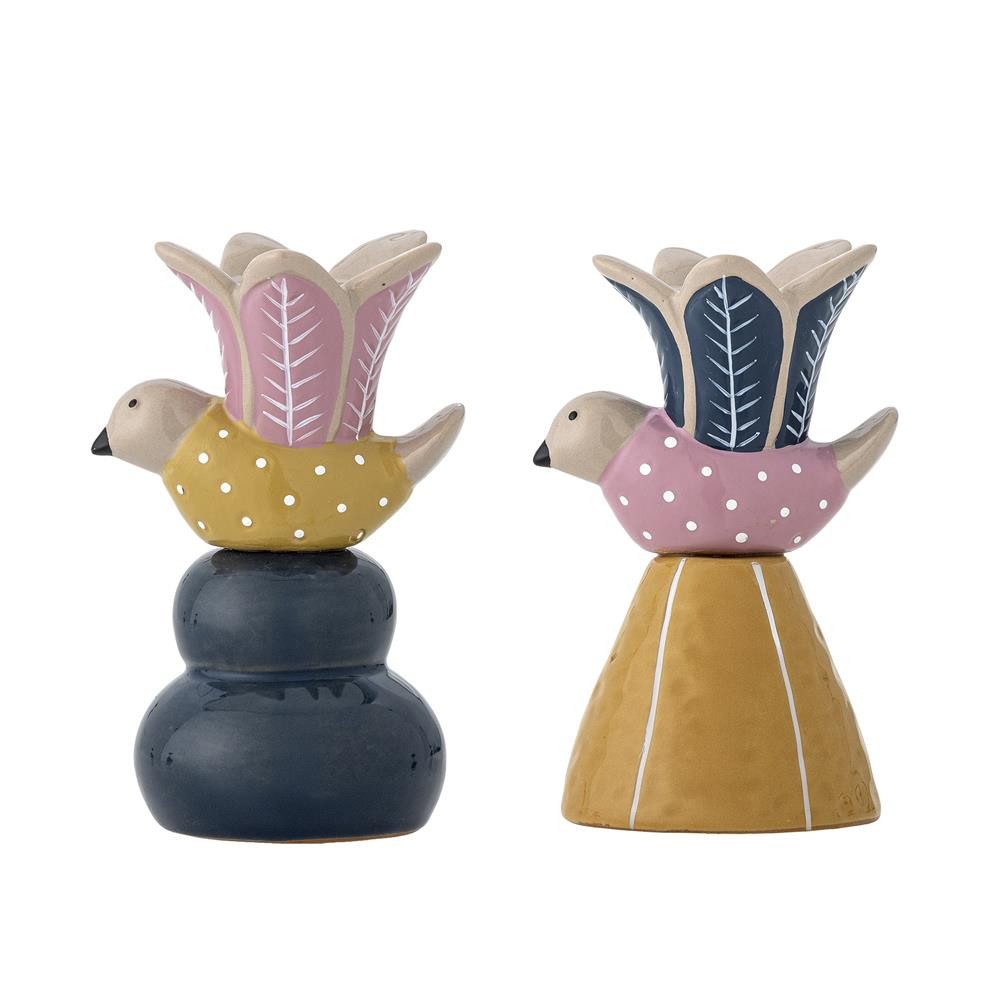 Bloomingville Kerzenhalter Swift, Handbemalt, 2er-Set, Vogelmotiv, Blütenform, Unikat-Optik