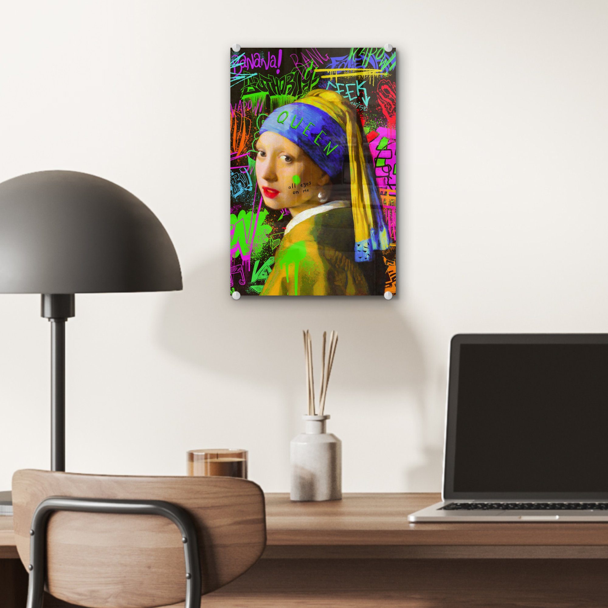 - - St), Foto - Glas auf Wandbild Bilder Vermeer dem - Johannes Perlenohrring Mädchen mit (1 Das Glasbilder Wanddekoration Acrylglasbild MuchoWow auf - Glas Neon,